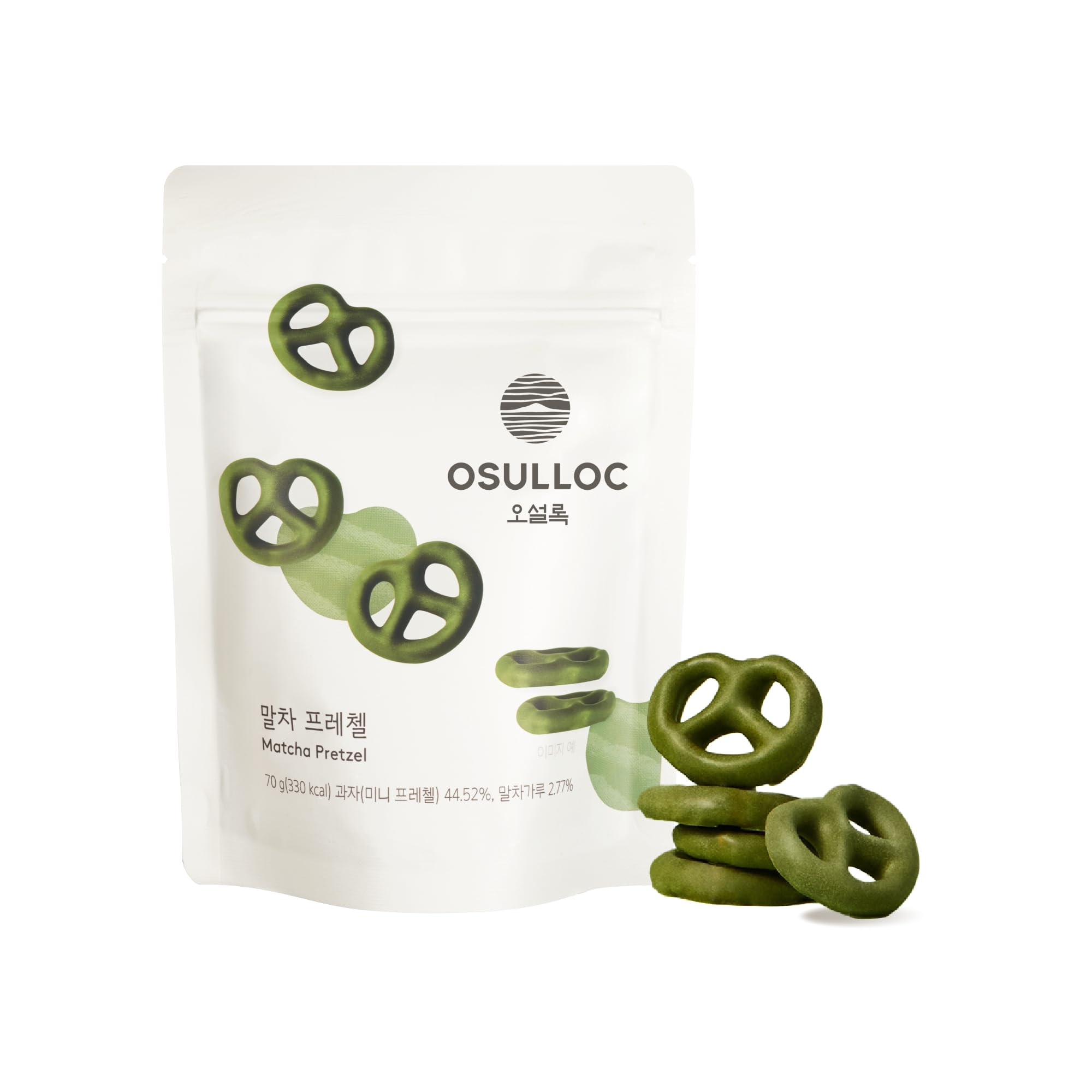 OSULLOC Matcha Pretzel Snacks (2.46 oz, 70g) - Premium Korean Green Tea Flavored Crackers from Jeju Island | Asian Tea Time Treats for Office, School & Home Snacking