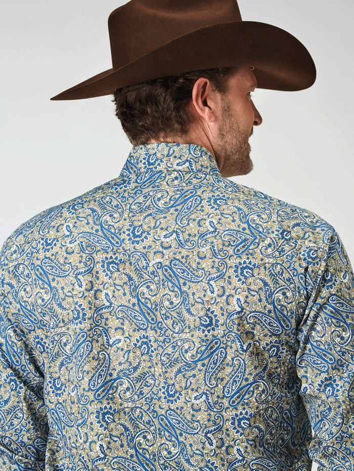 Roper Men's All Over Delft Paisley Print Snap Shirt - Blue Western Style Button Up Shirt for Casual Wear, Country Music Festivals & Rodeo Events