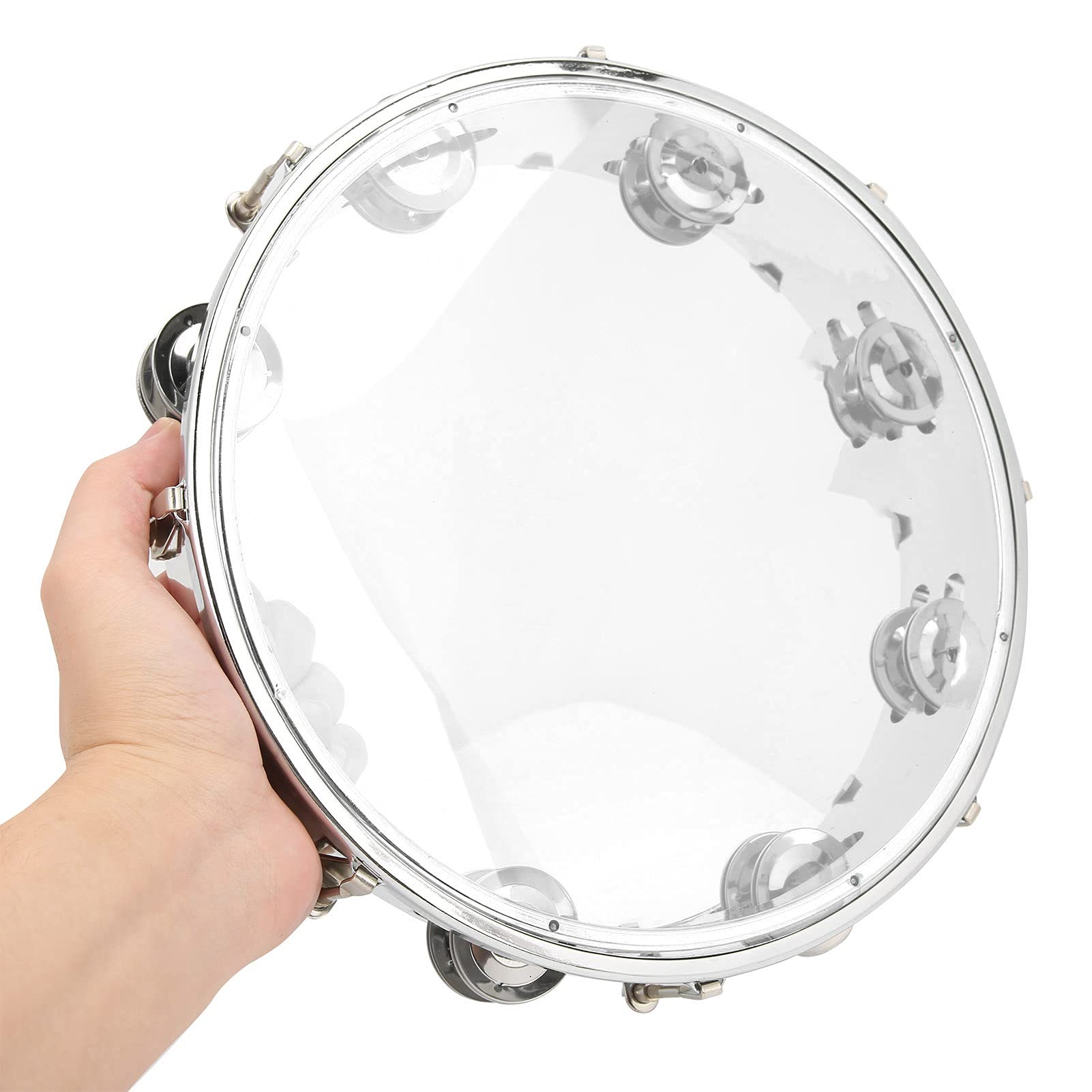 10 Inch Professional Tambourine for Adults - Double Row Metal Jingles Handheld Percussion Instrument with Clear Acrylic Head - Perfect for Music Education, Classroom, Church Worship & Live Performances