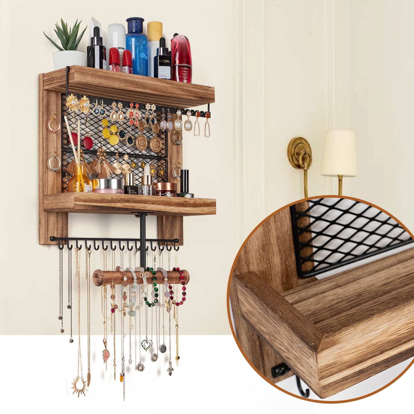 Pinzoveco Rustic Wood Hanging Jewelry Organizer Wall Mounted - Necklace Bracelet Earring Ring Holder for Bedroom, Closet & Bathroom Organization