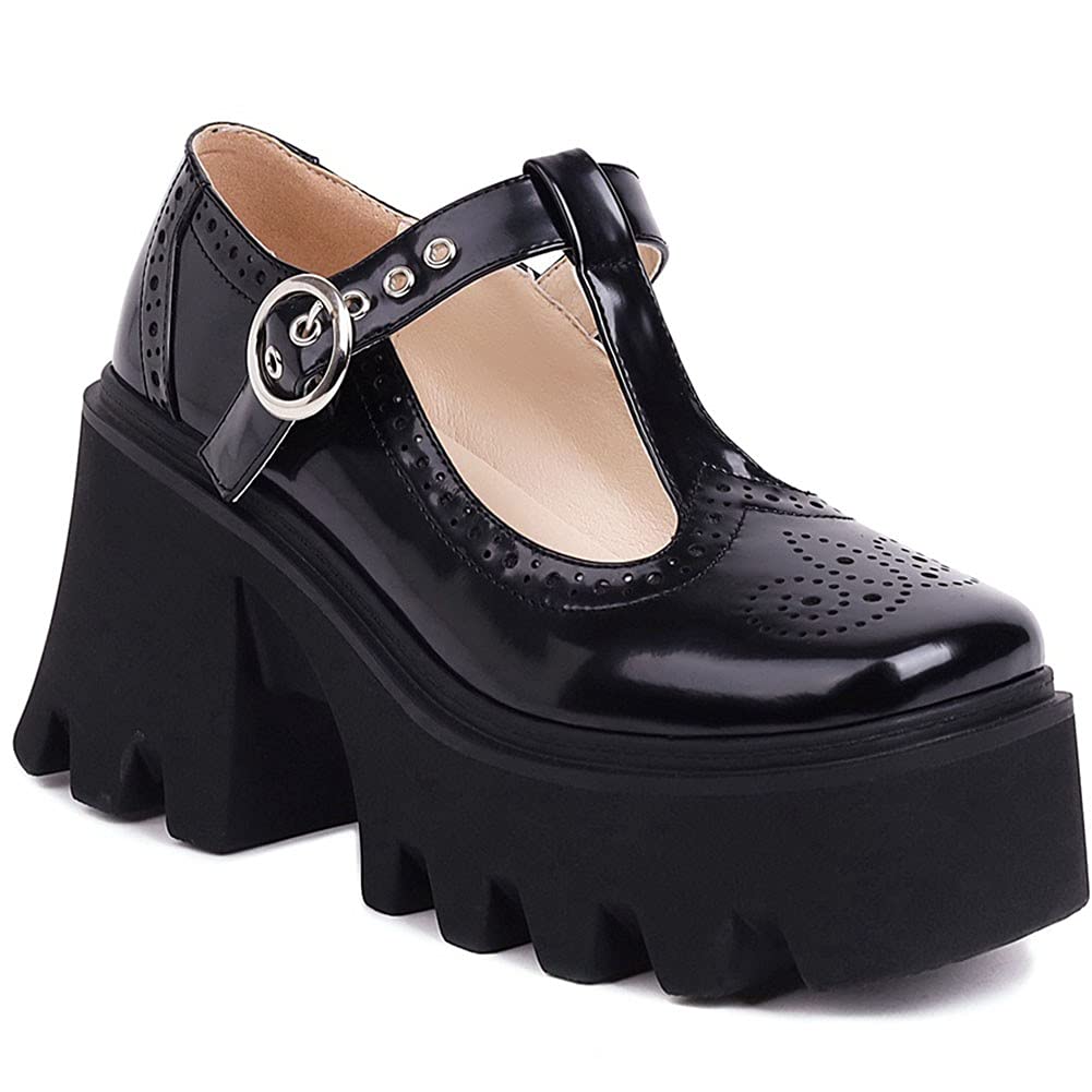 AOSPHIRAYLIAN Women's Mary Jane Shoes - Round Toe T-Strap Mid Heel Platform Pumps for Gothic, Vintage & Retro Outfits - Perfect for Weddings, Parties & Night Out