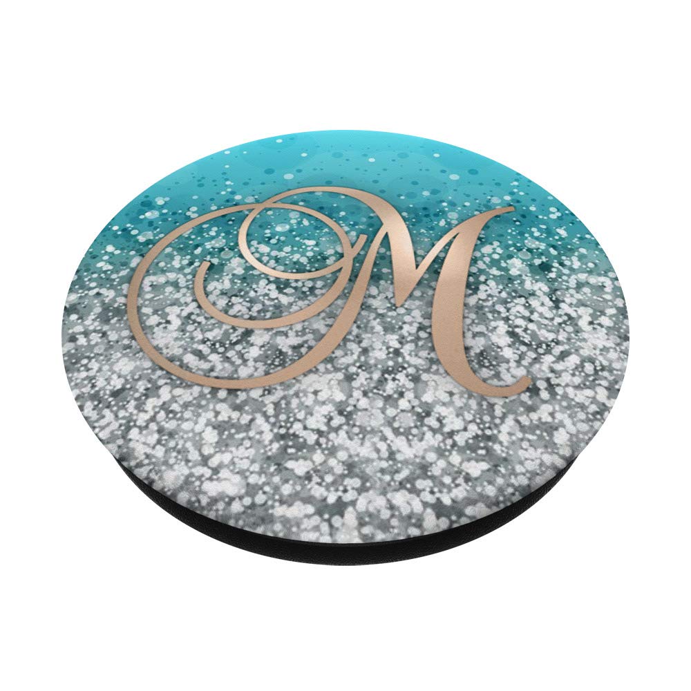 Letter M Golden Initial M PopGrip - Swappable Phone Grip for iPhone & Android, White Light Blue Design, Perfect for Work, Travel & Daily Use