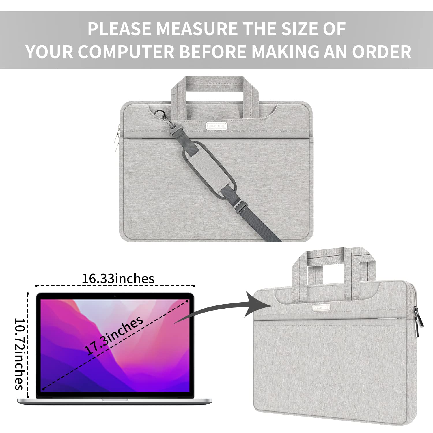HESTECH 17 Inch Laptop Sleeve Shoulder Bag for MacBook Pro 16 17 Inch, Dell XPS, HP Envy - Waterproof Neoprene Case with Padded Protection - Perfect for Work, Travel & School (Gray)