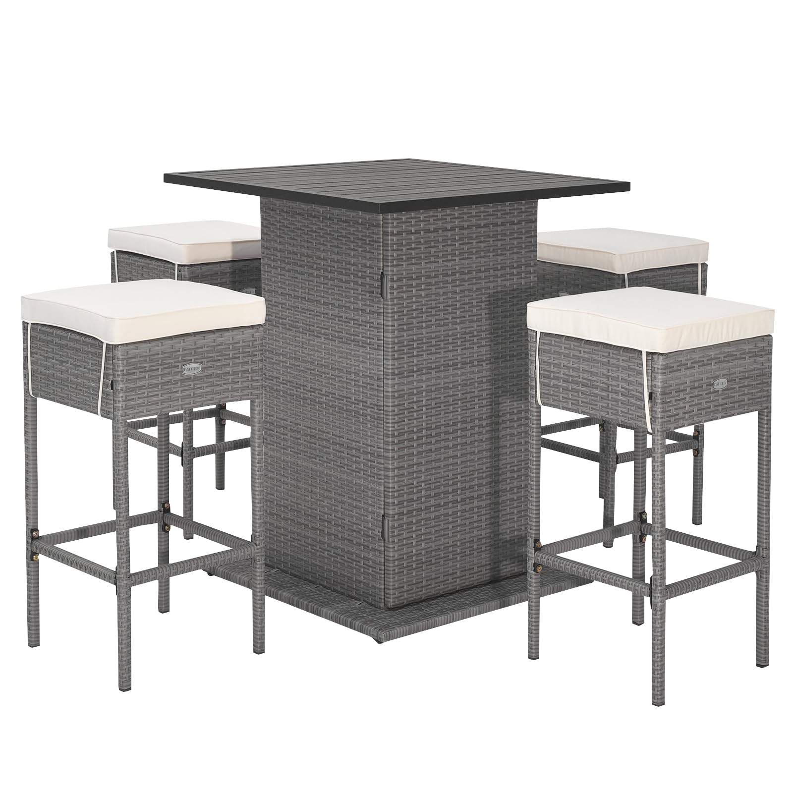 Outdoor Rattan Bar Set with 4 Stools - 5-Piece Patio Wicker Bar Table & Chairs, Heavy-Duty Steel Frame & Included Cushions - Perfect for Backyard, Poolside, or Garden Entertaining