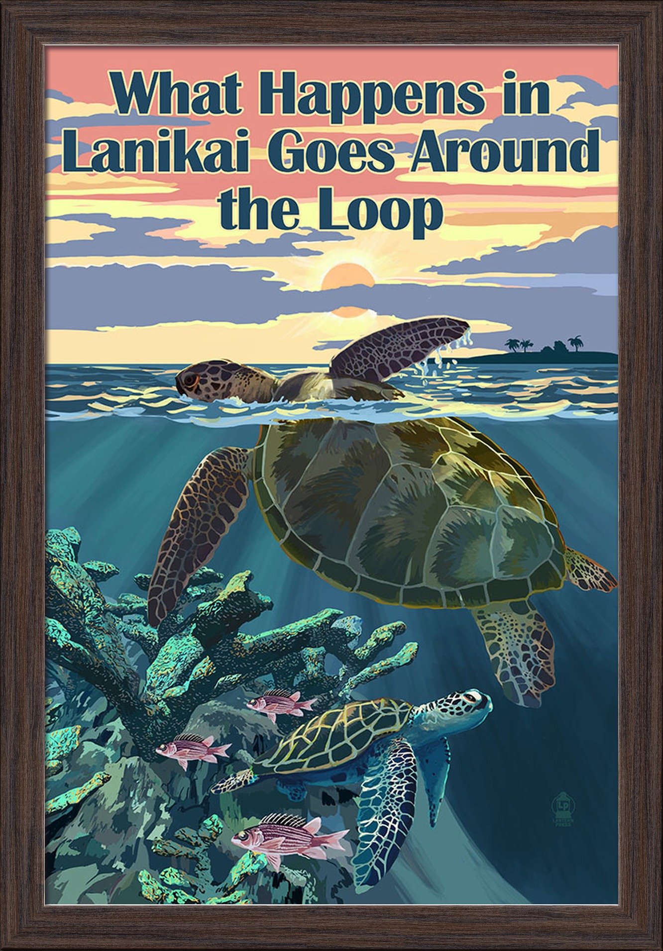 Hawaii Fine Art Print - Lanikai Sea Turtles Sunset 16x24 Giclee on Recycled Wood Frame (Espresso Brown) - Perfect for Beach House Decor, Living Room Wall Art & Tropical Theme Gifts