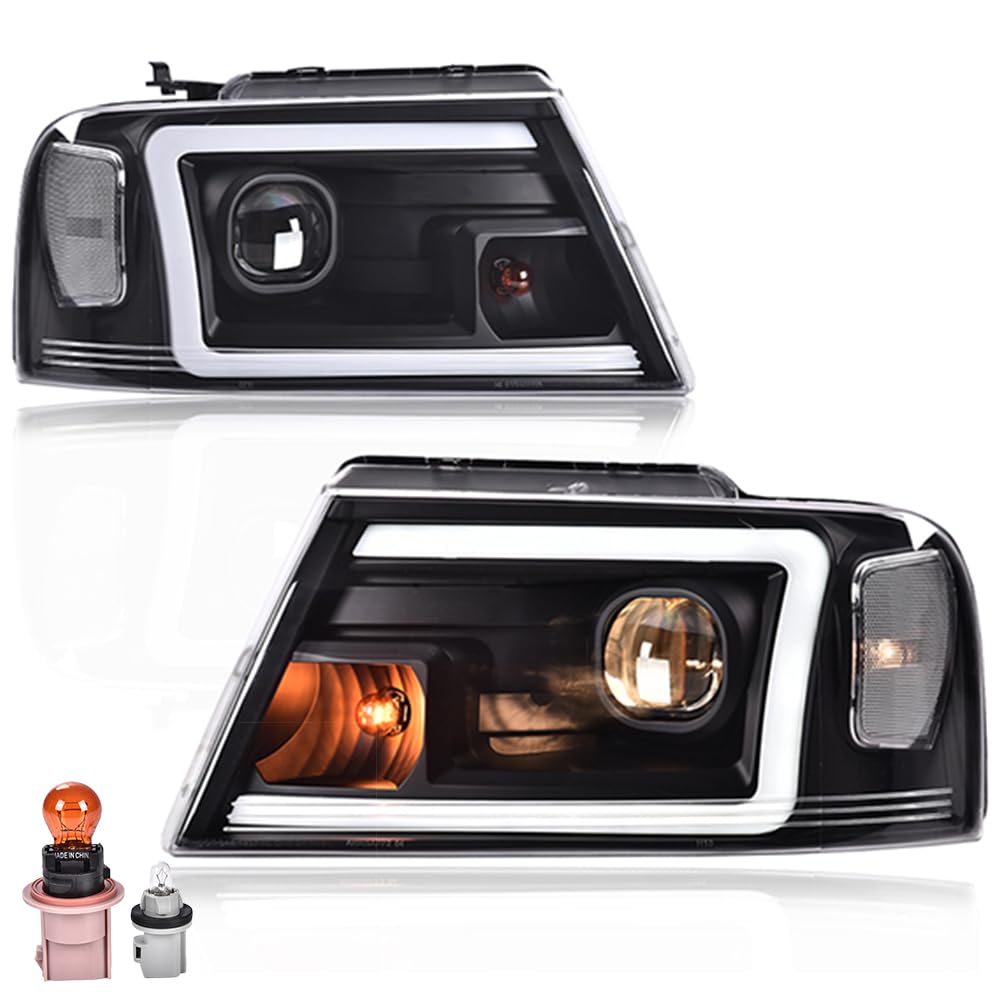 PIT66 LED DRL Headlights for 2004-2008 Ford F150 & Lincoln Mark LT - Clear Lens Black Housing - Perfect for Night Driving