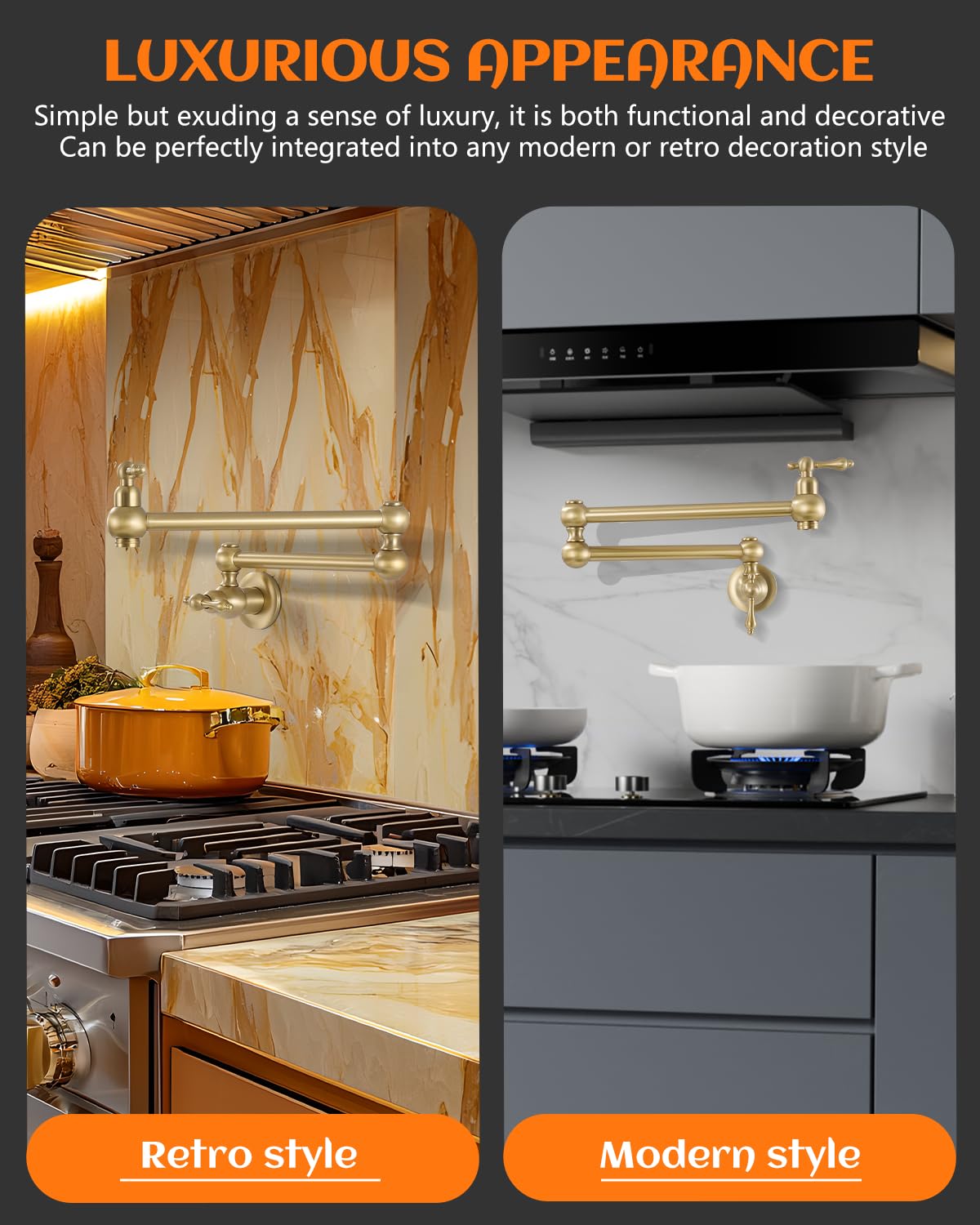 Brass Pot Filler Faucet Gold - Dual Valve Wall Mount Kitchen Faucet with Two Handles & Adjustable Swing Arms - Perfect for Stovetop Cooking, Soup Making & Large Pot Filling
