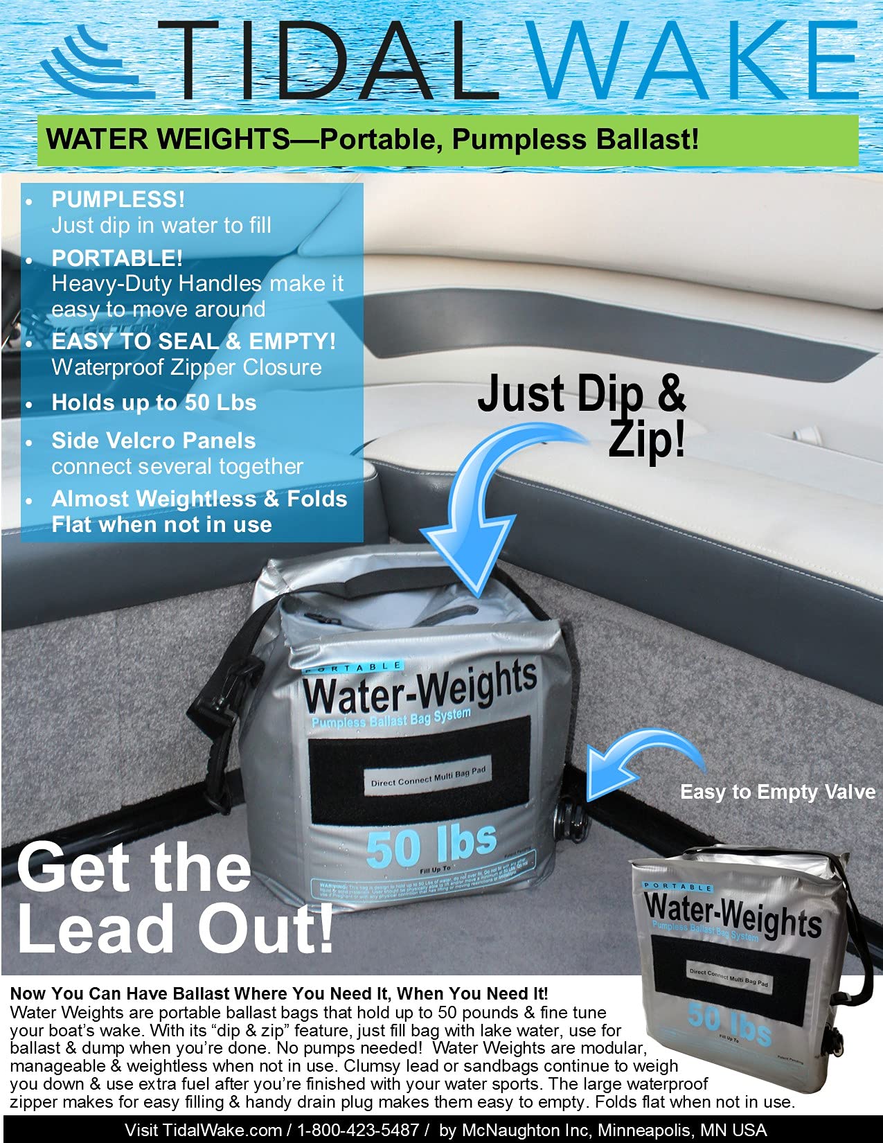 Tidal Wake Water-Weights Ballast Bags - 4 Pack (200 lbs Total Capacity), Portable Wakeboard Ballast System, No Pump Needed, Fast Fill & Drain - Perfect for Wakeboarding, Surfing & Water Sports