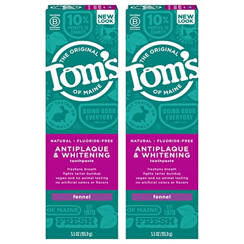 Tom's of Maine Natural Fluoride-Free Antiplaque & Whitening Toothpaste - Fennel Flavor, 5.5 oz (Pack of 2) | Fresh Breath & Teeth Whitening | Ideal for Daily Oral Care & Sensitive Teeth