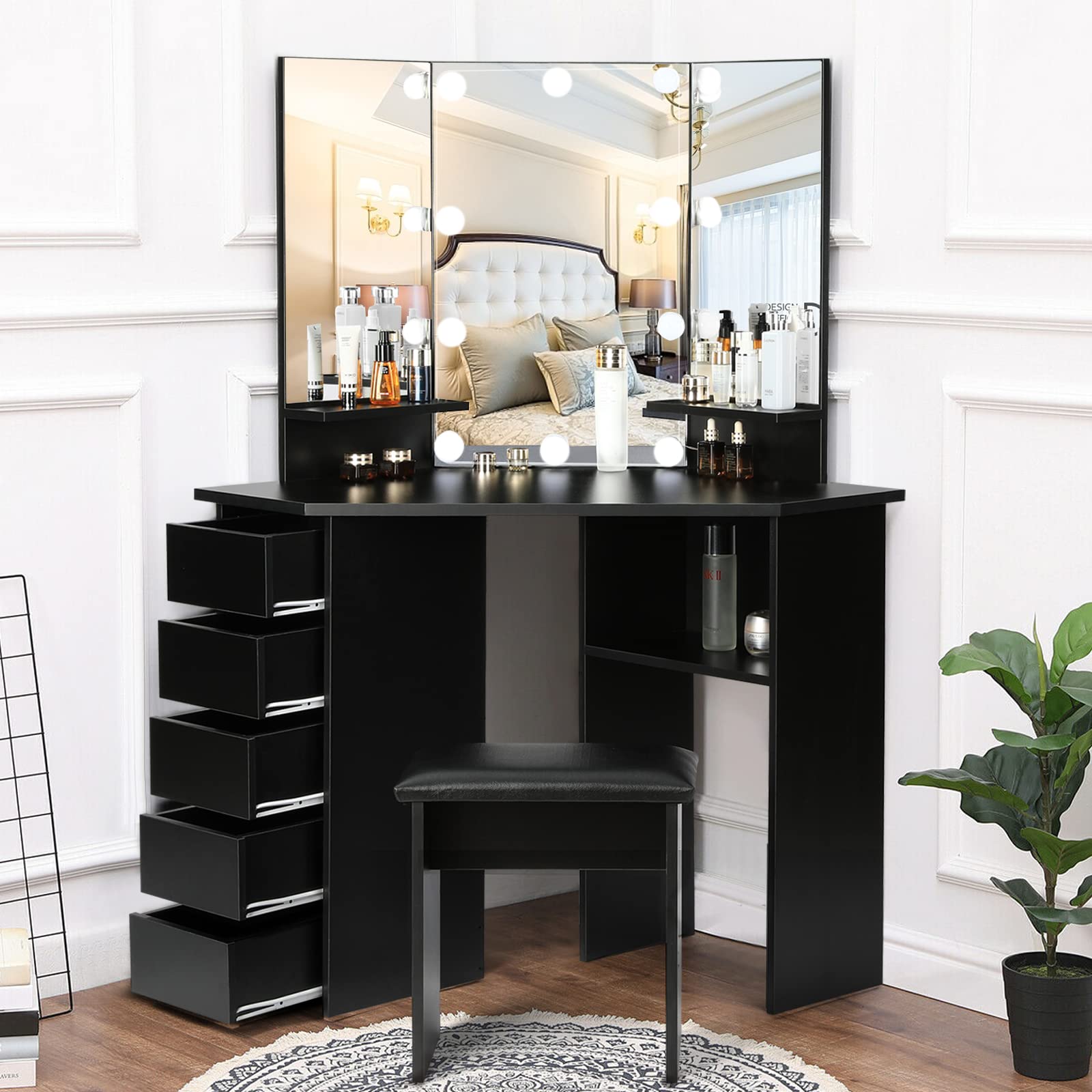 Vanity Desk with Mirror and Lights - 3 Lighting Modes, Adjustable Brightness, 5 Drawers & Shelves, Includes Vanity Stool - Corner Makeup Dressing Table for Women & Girls (Black) - Perfect for Bedroom, Dorm Room, and Beauty Salon Makeup Stations
