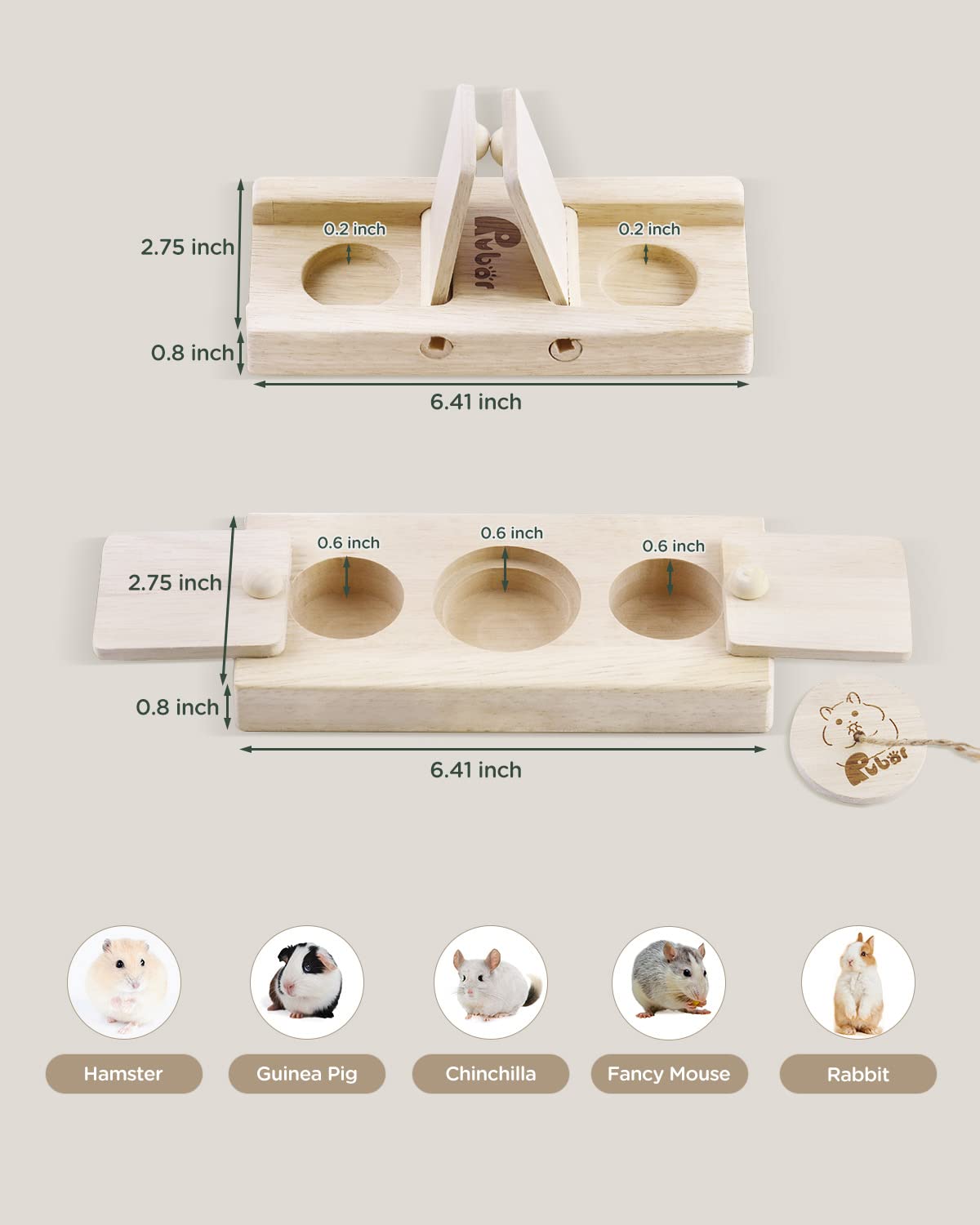 **Wooden Small Animal Foraging Toys - 2Pcs Guinea Pig, Hamster, Rabbit Chew Toys with Hide & Treat Compartments - Interactive Enrichment for Chinchillas, Rats, Gerbils & Dwarf Hamsters - Perfect for Cage Play & Mental Stimulation**