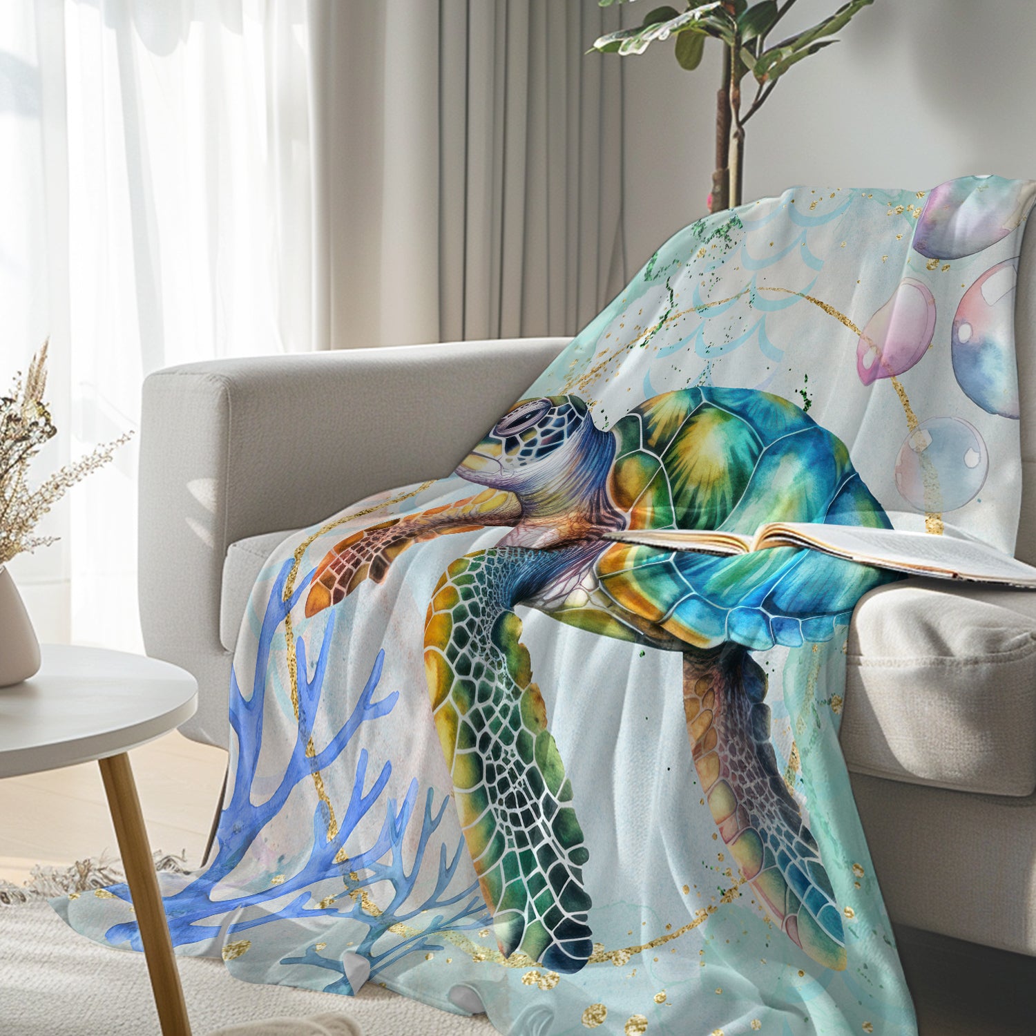 Cozy Dreamy Sea Turtle Flannel Fleece Blanket - Soft Warm Coral Reef Themed Throw Blanket for Bed, Couch & Outdoor Picnics