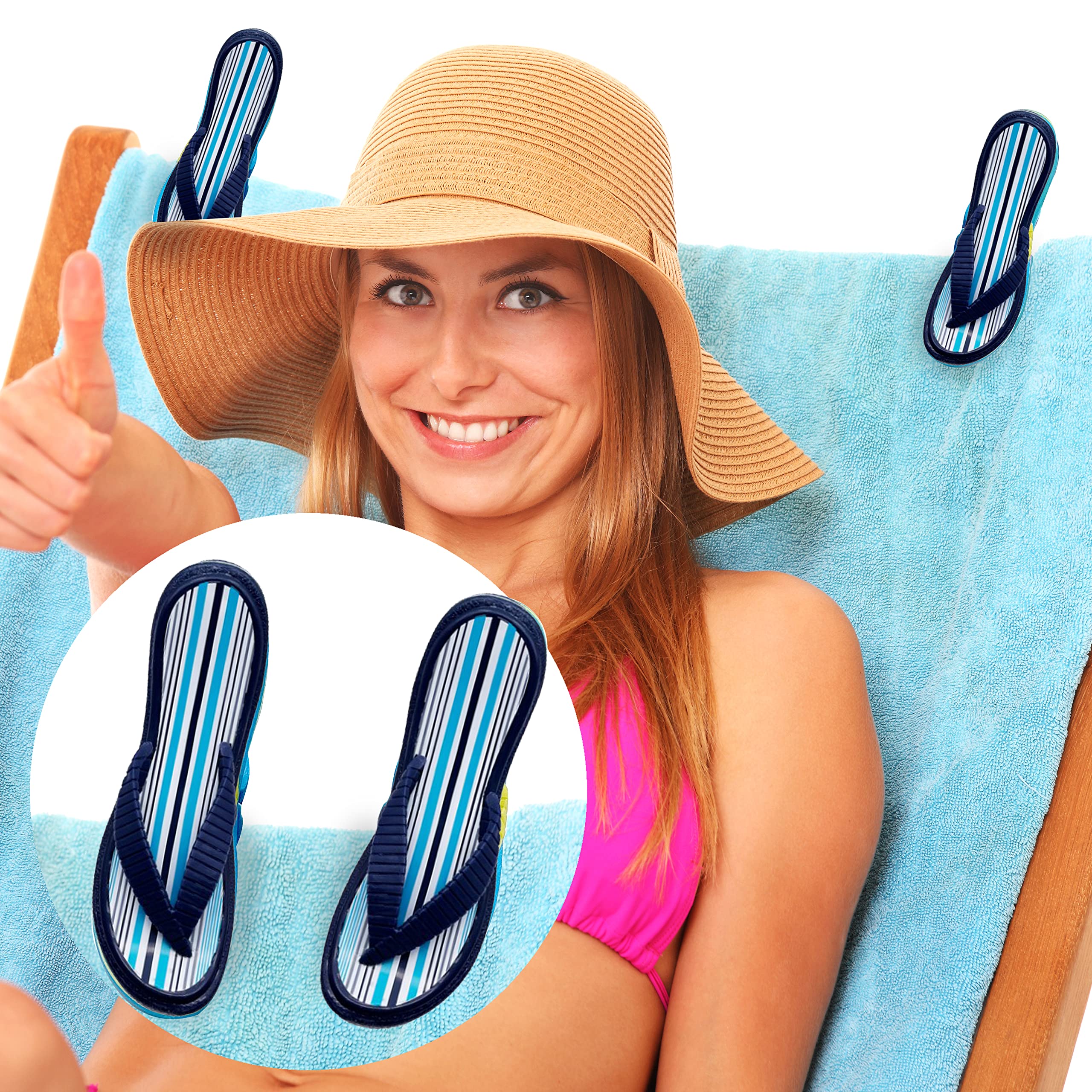 PERFORMORE 2-Pack Flip Flop Beach Towel Clips - Secure Portable Towel Holder for Chairs, Deck, Patio, Pool & Boat - Cruise & Lounge Chair Accessories with Blue Strap - Perfect for Beach, Vacation & Outdoor Relaxation