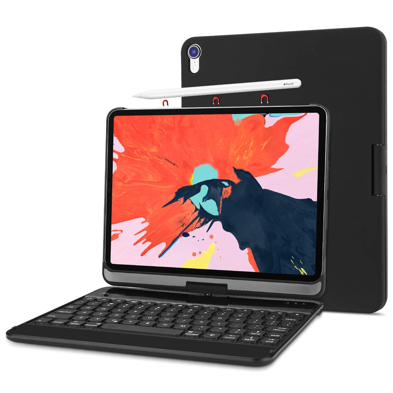 ProCase 360° Rotating Keyboard Case for iPad Pro 12.9 (3rd/4th Gen 2018-2021) with Wireless Keyboard & Apple Pencil Charging - Black | Perfect for Work, Study & Travel