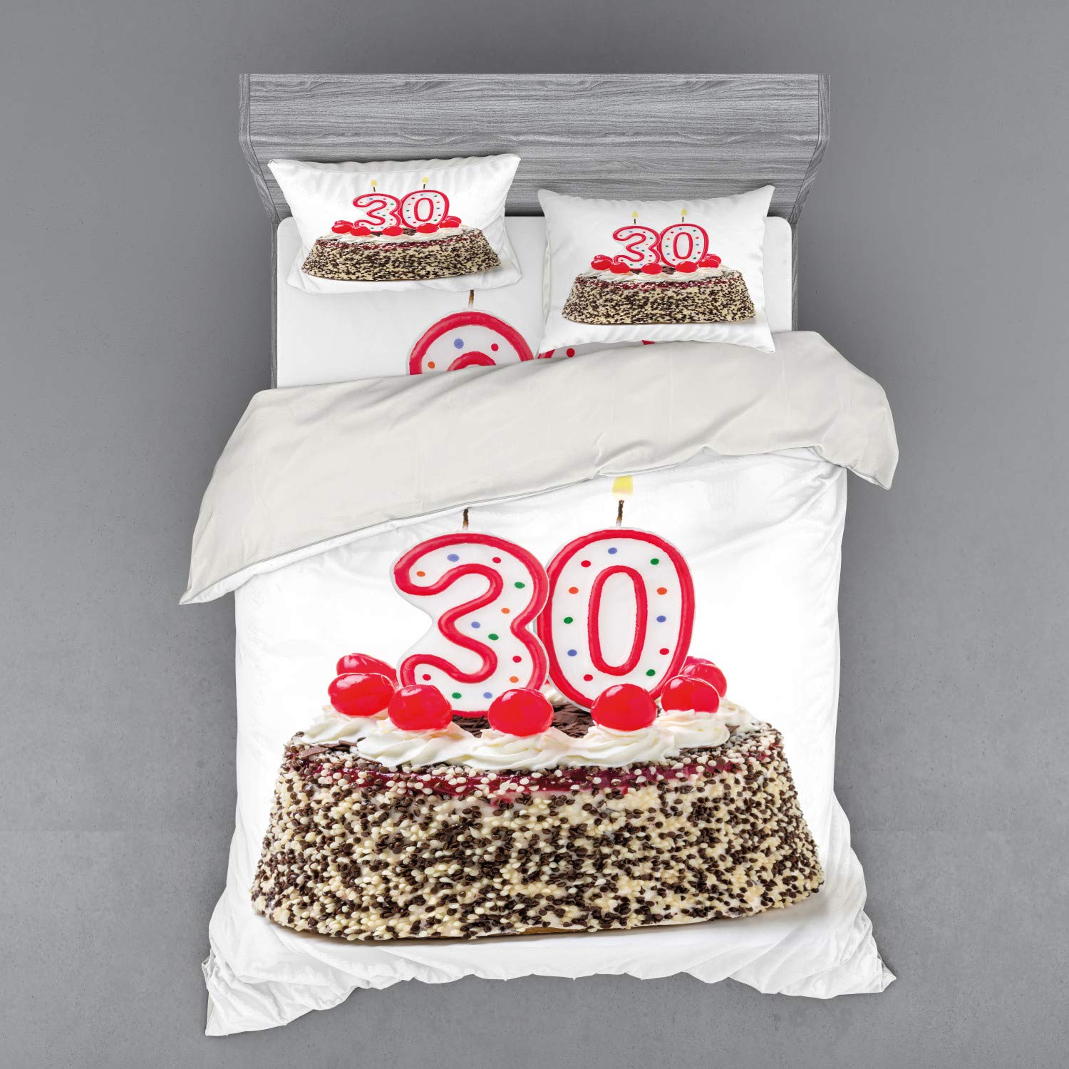 Ambesonne 30th Birthday Bedding Set - Queen Size 4-Piece Duvet Cover with Shams & Fitted Sheet - Vibrant Birthday Cake with Cherries & Candles Print - Perfect for Adult Birthday Parties & Surprise Decorations