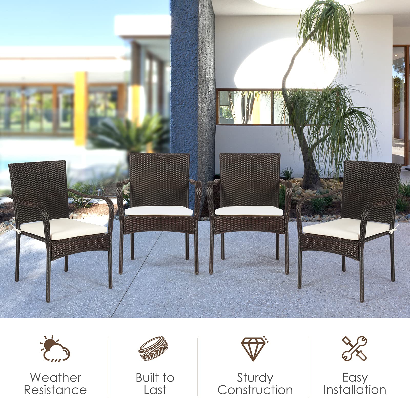 RELAX4LIFE 4-Piece Stackable PE Wicker Patio Dining Chairs Set with Comfortable Cushions & Rust-Proof Steel Frame - Outdoor Conversation Chairs for Porch, Garden, Poolside & Backyard Relaxation | Perfect for Dining, Lounging and Entertaining Guests
