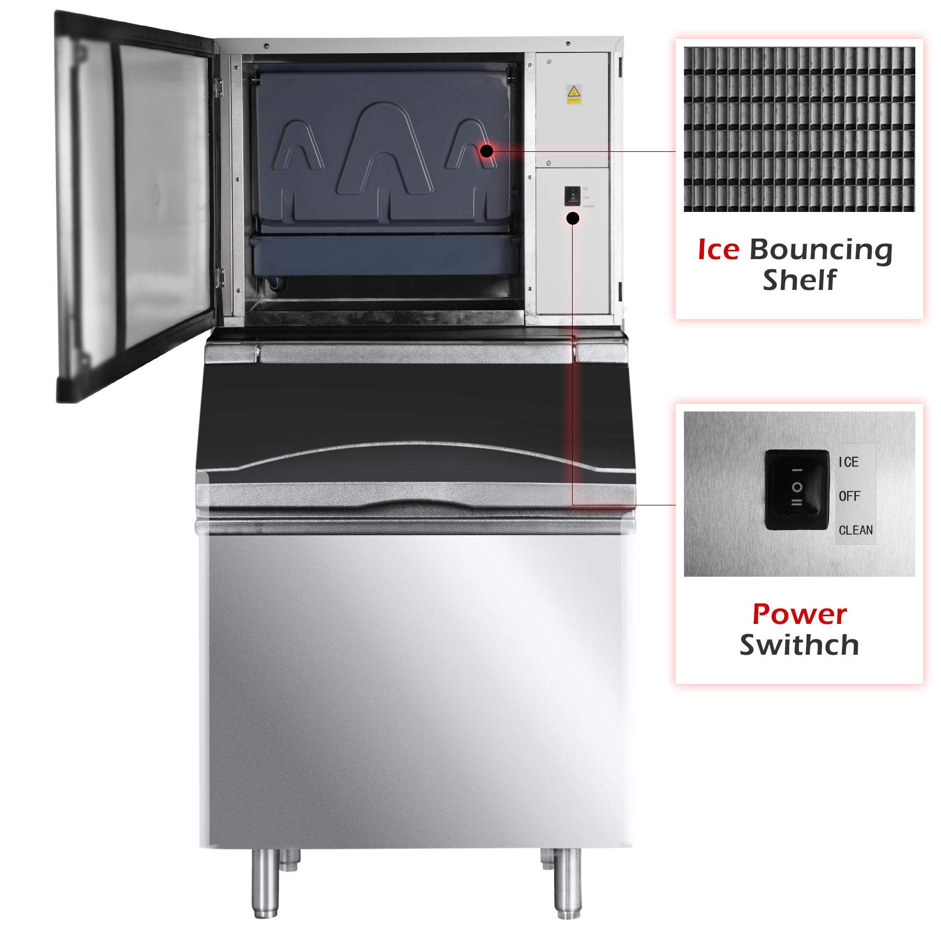 Atosa Commercial Ice Maker Machine with Bin - 460lbs/24h Stainless Steel Automatic Ice Maker for Restaurants, Supermarkets & Bars - Perfect for High-Volume Ice Production in Food Service Businesses