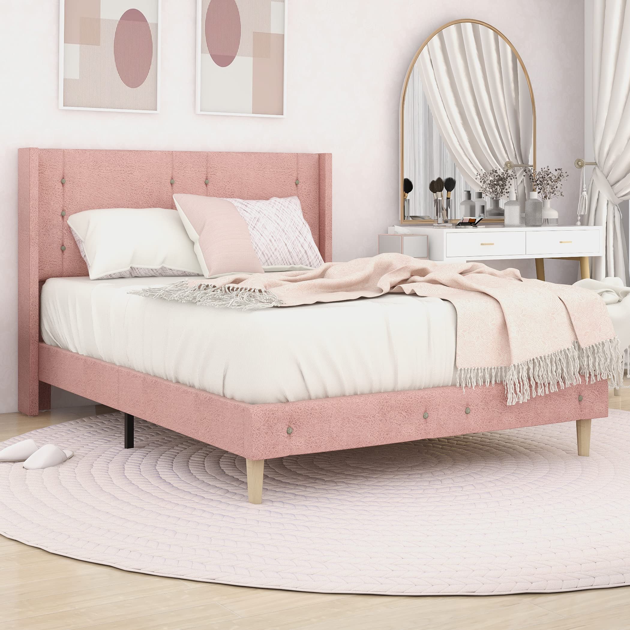 Olivae Full Size Pink Upholstered Platform Bed Frame with Wingback Headboard - Vertical Line Button Tufted Design, Wood Slat Support, No Box Spring Needed - Easy Assembly Leathaire Fabric - Perfect for Master Bedroom, Guest Room & Apartment Decor