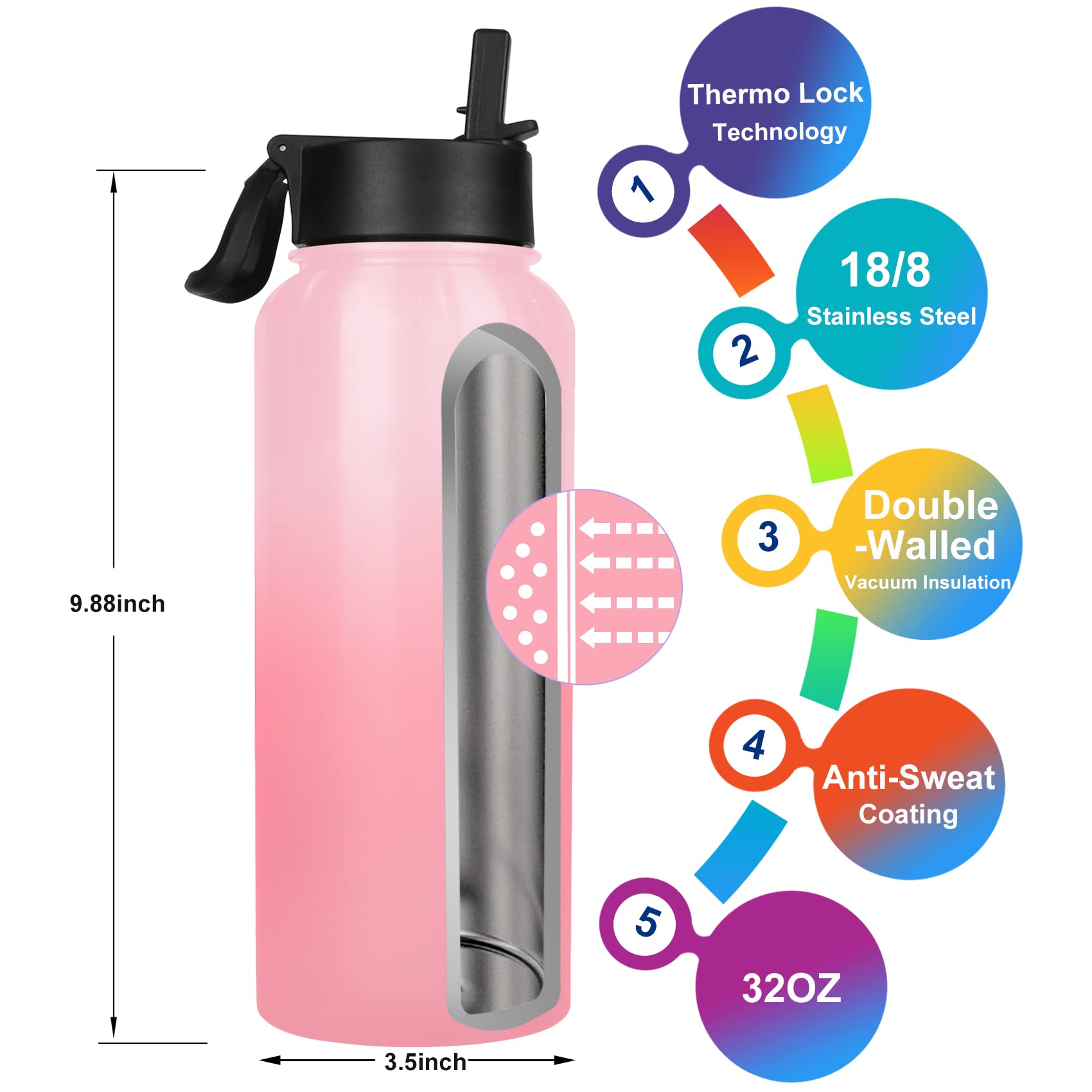 Akyta 32oz Insulated Stainless Steel Water Bottle with Straw Lid - Vacuum Sealed Double Wall Thermos for Hot & Cold Drinks - Leakproof Sports Water Bottle for Gym, Hiking, Travel & Outdoor Activities (Pink, 32oz)