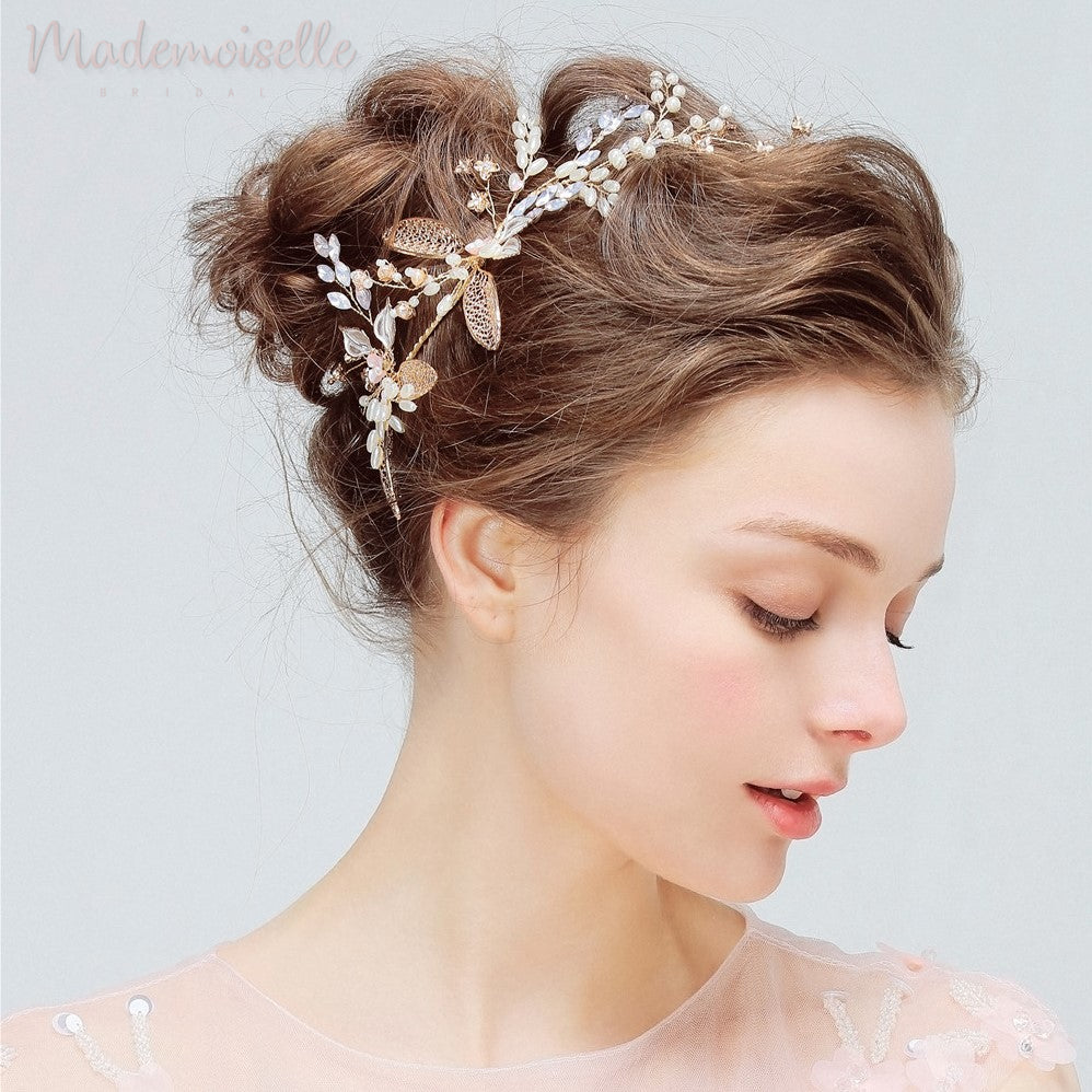 Golden Autumn Pearl Hair Vine - Elegant Bridal Hair Accessory for Weddings, Prom & Special Occasions