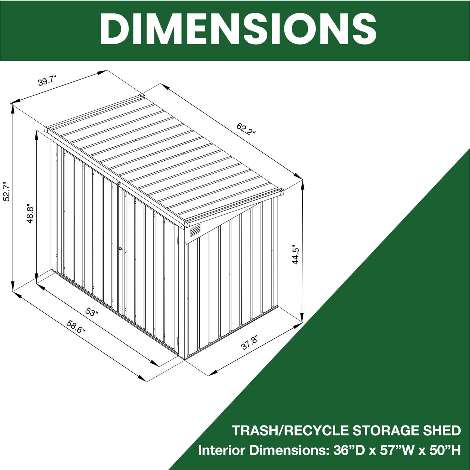 Hanover Outdoor Storage Shed for Trash & Recycling Bins - 3.3x5.2x4.4ft Galvanized Steel Pent Roof Shed with 2-Point Locking System - Holds 2 Trash Cans - Dark Gray Weatherproof Garbage Can Enclosure - Perfect for Backyard, Garage & Side Yard Waste Management