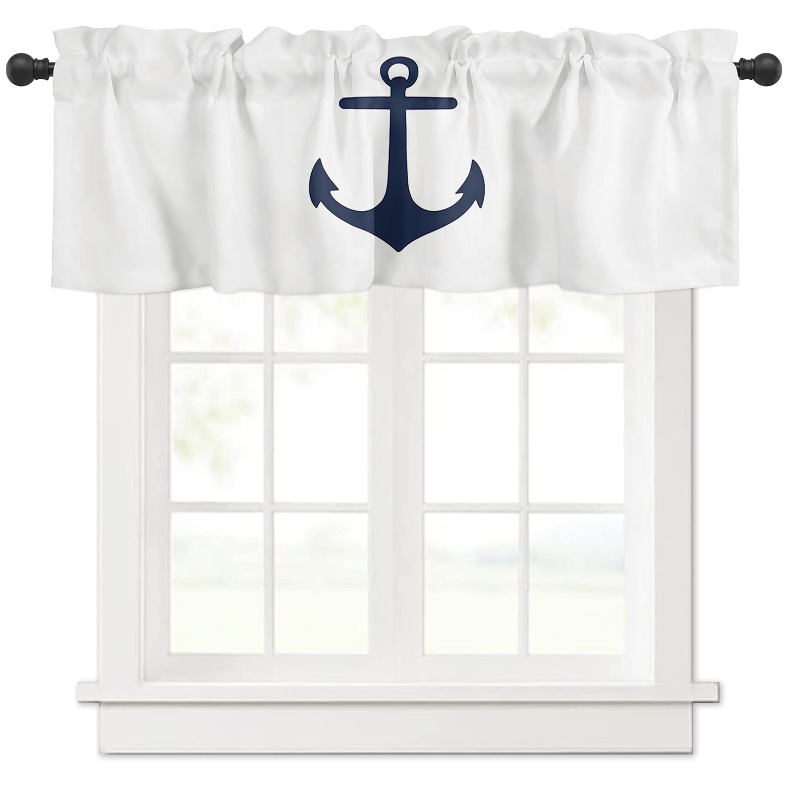 Nautical Anchor Window Valance Curtain - Soft & Washable Rod Pocket Drapery for Living Room, Kitchen, Bathroom - Navy & White - 1 Panel (54x18 Inches) - Perfect for Small Windows, Coastal & Nautical Home Decor
