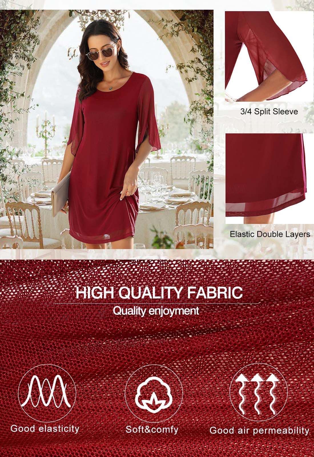 Women's Casual Loose 3/4 Sleeve Stretch Mesh Wedding Guest Dress - Scoop Neck Cocktail Party Formal Dresses for Bridal Shower, Evening Events & Special Occasions