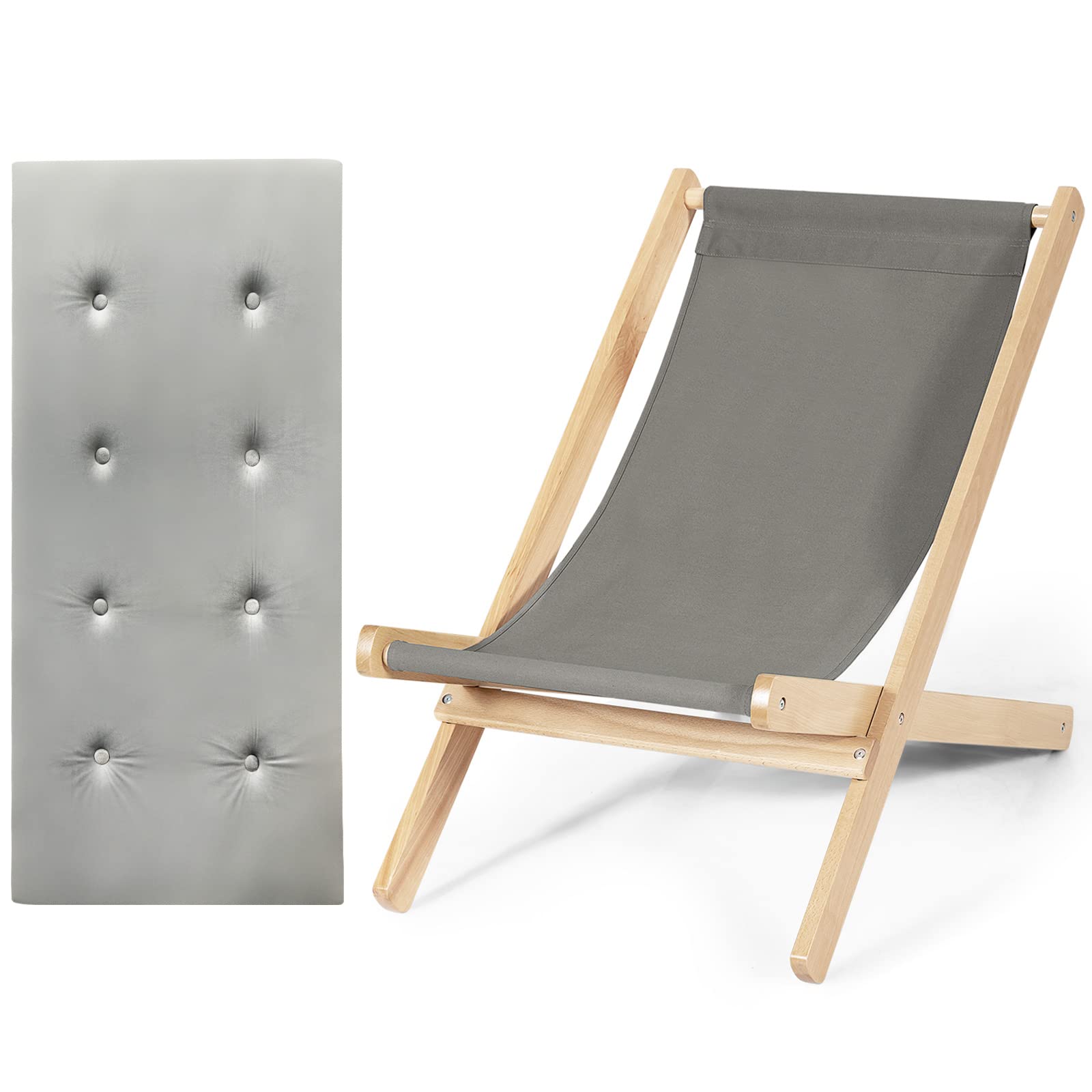 Tangkula Folding Sling Chair - Portable Outdoor Wooden Beach Lounge Chair with 3-Position Adjustable Backrest & Thick Cushion - Perfect for Backyard, Poolside, Balcony, Camping and Beach Relaxation