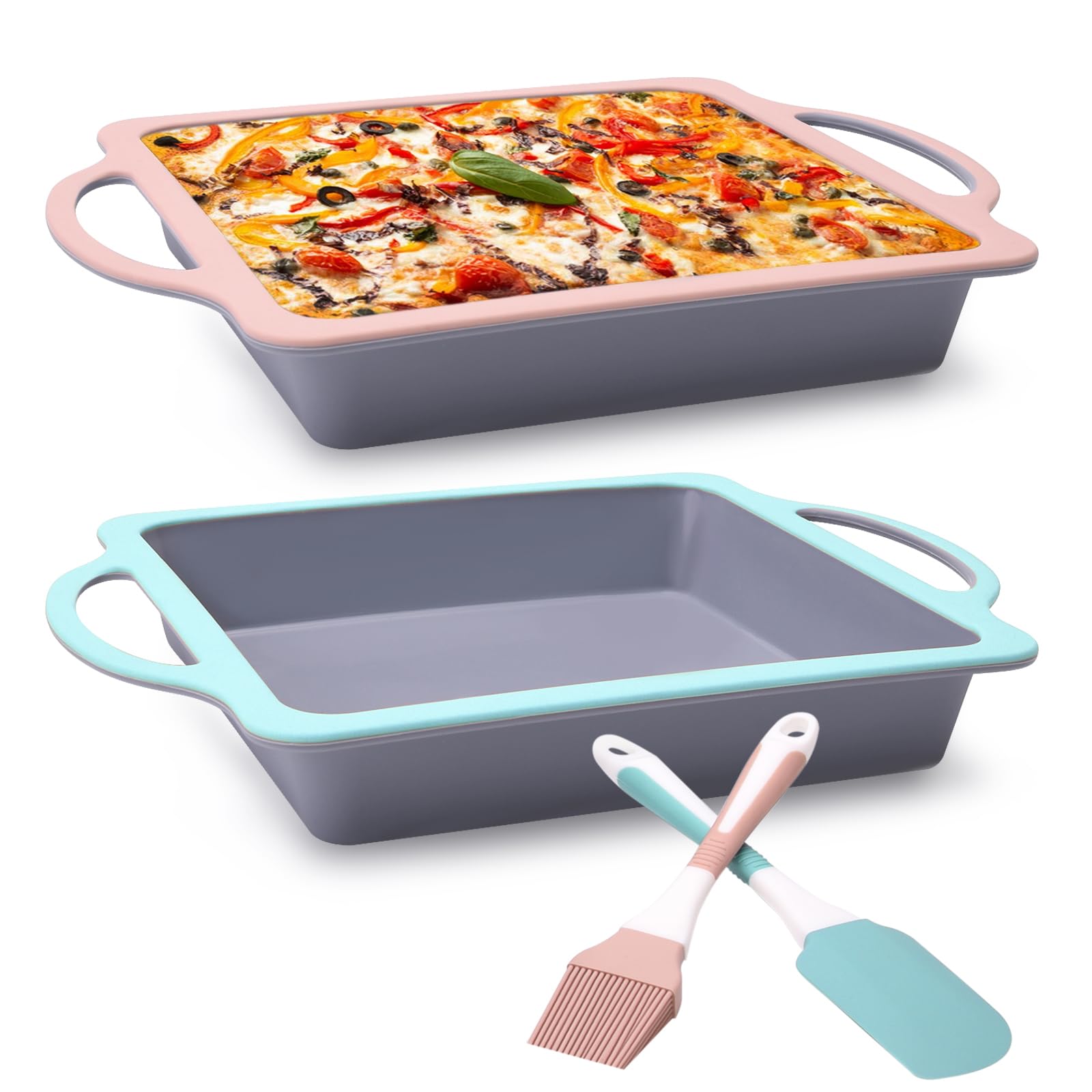 Non-Stick 8x8 Baking Pan Set - 2 Pack Silicone Brownie Pans with Spatulas & Pastry Brush - Perfect for Brownies, Cakes, Lasagnas & More - Ideal for Home Baking, Parties & Holiday Cooking