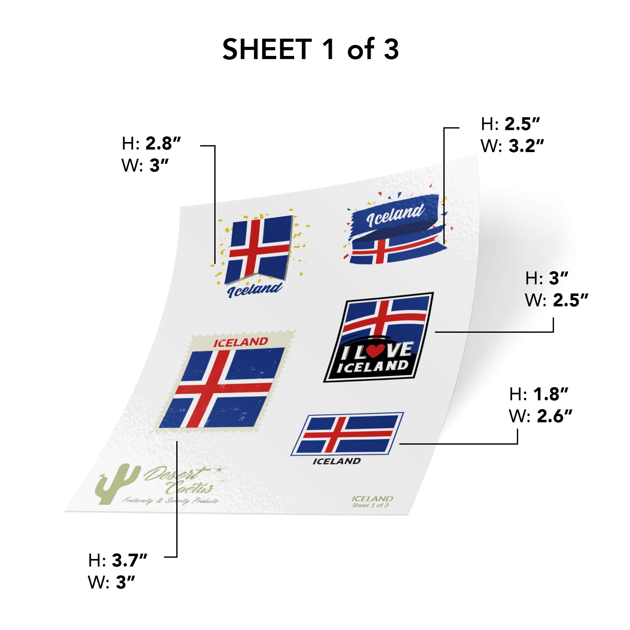 Desert Cactus Iceland Country Flag Sticker Decals - 3 Sheets of 14x12 Vinyl Stickers for Kids, Scrapbooking, Cars, Windows, Bumpers & Laptops - Perfect for DIY Crafts, School Projects & Home Decor