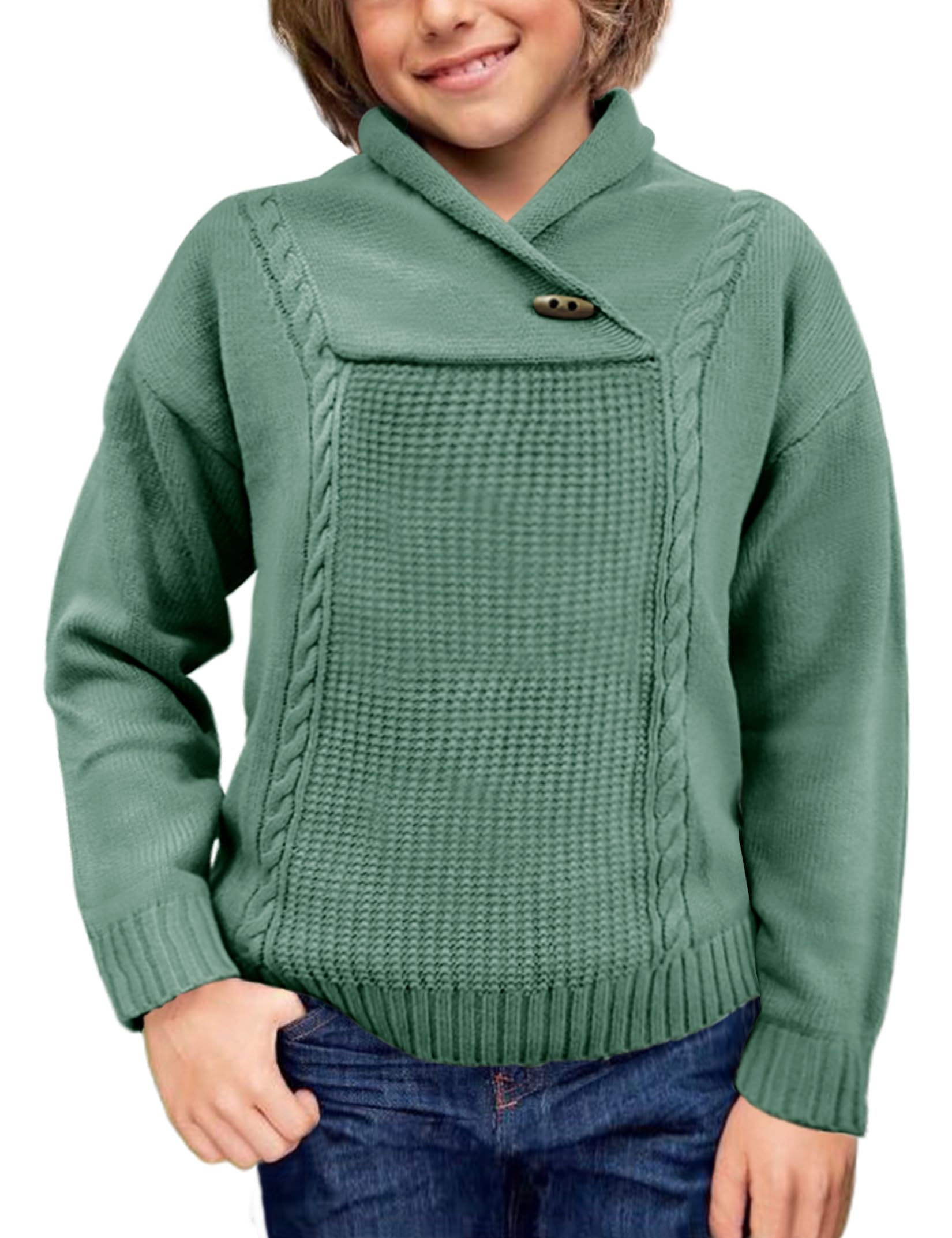Boys Cable Knit Sweater Long Sleeve Pullover Shawl Collar Jumper Top for Fall & Winter | Warm Casual Outfit for School, Playdates, and Holiday Gatherings