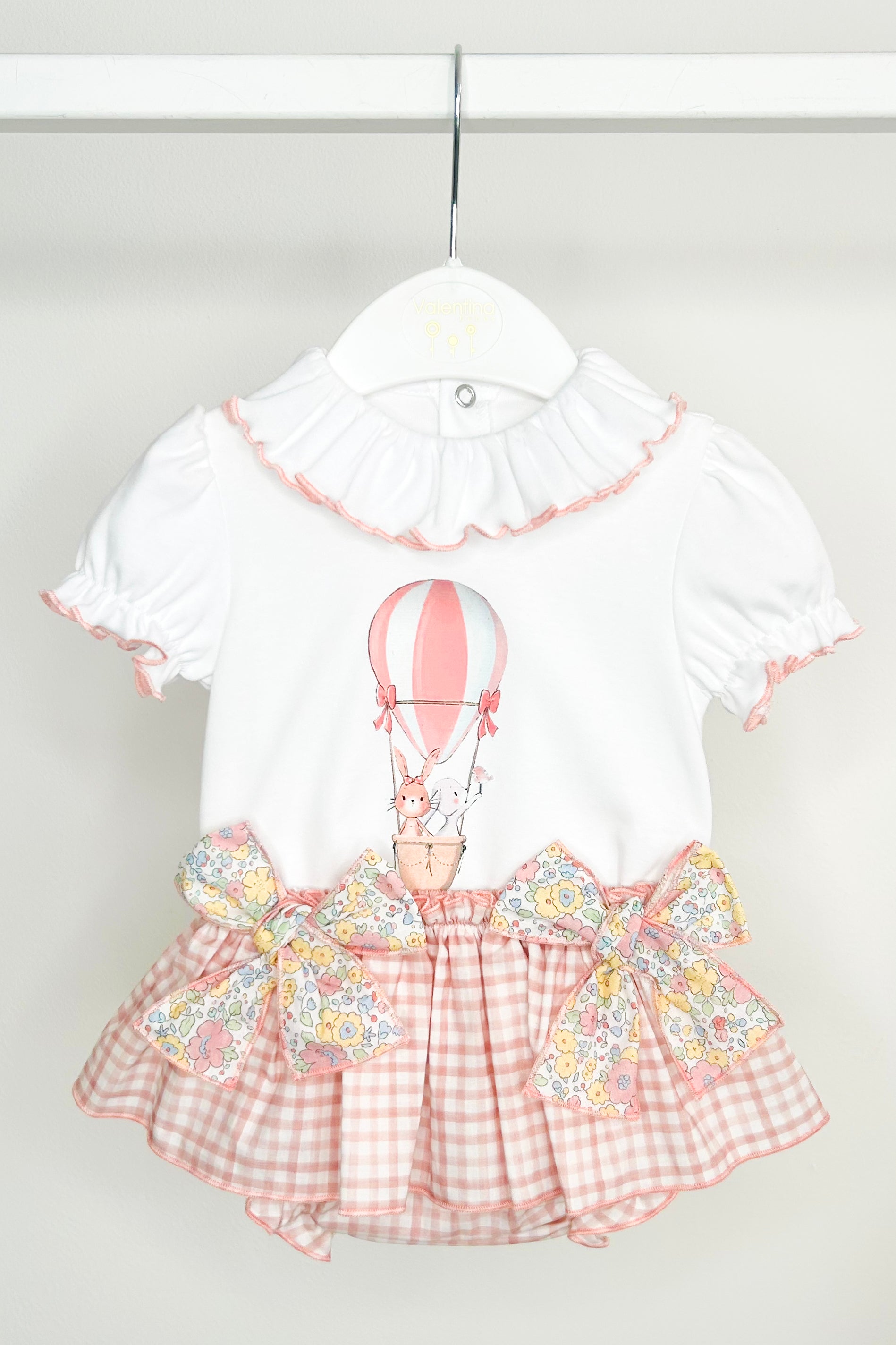 Seraphine Women's Pink Hot Air Balloon Print Blouse & Gingham Skirt Set - Casual Summer Outfit for Picnics, Travel & Outdoor Activities