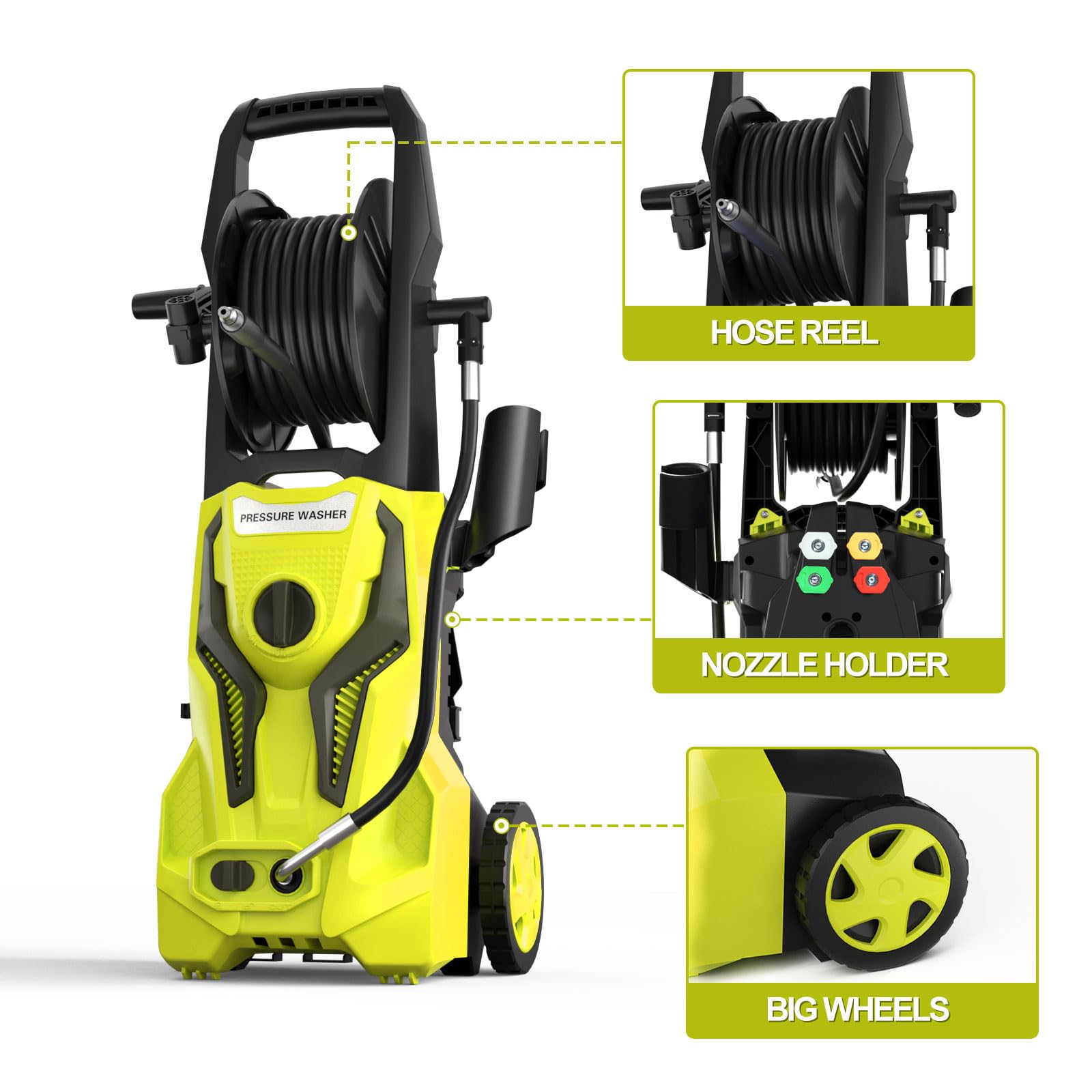 ZHUOLIN 4800PSI 3.2GPM Electric Pressure Washer with 25FT Hose Reel, 4 Nozzles & Foam Cannon - Powerful Cleaning for Cars, Driveways, Patios, Decks, Siding & Outdoor Surfaces - Ideal for Home, Garage and Commercial Use