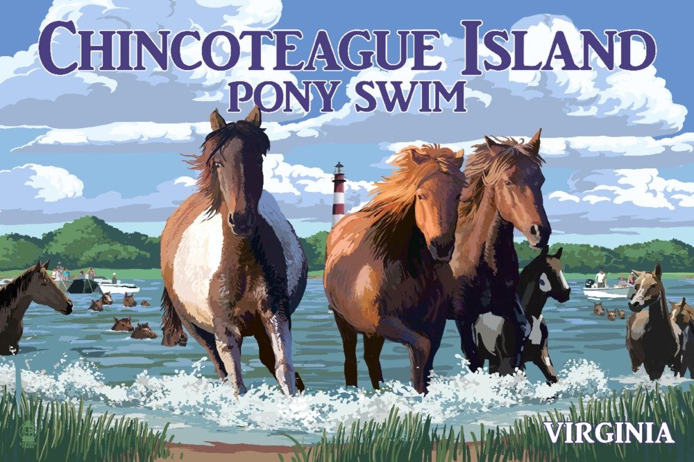 Chincoteague Island Virginia Pony Swim 24x36 Signed Art Print - Coastal Wall Decor for Beach House, Living Room & Office