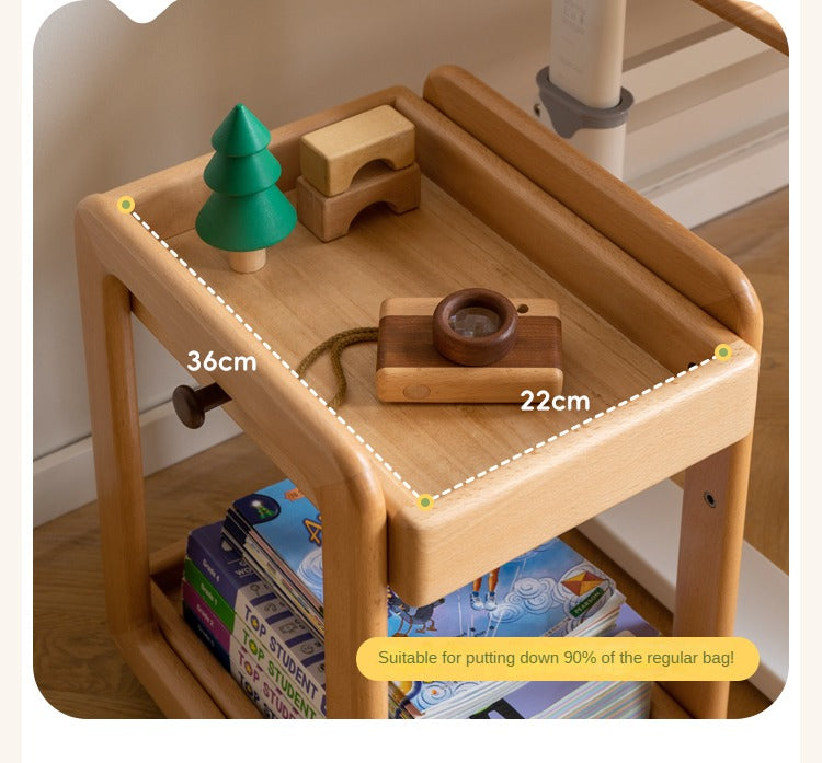 Solid Wood Beech & Rubber Kids Under Desk Mobile Storage Rack - Modern Organizer for Toys, Books & School Supplies in Bedroom or Playroom