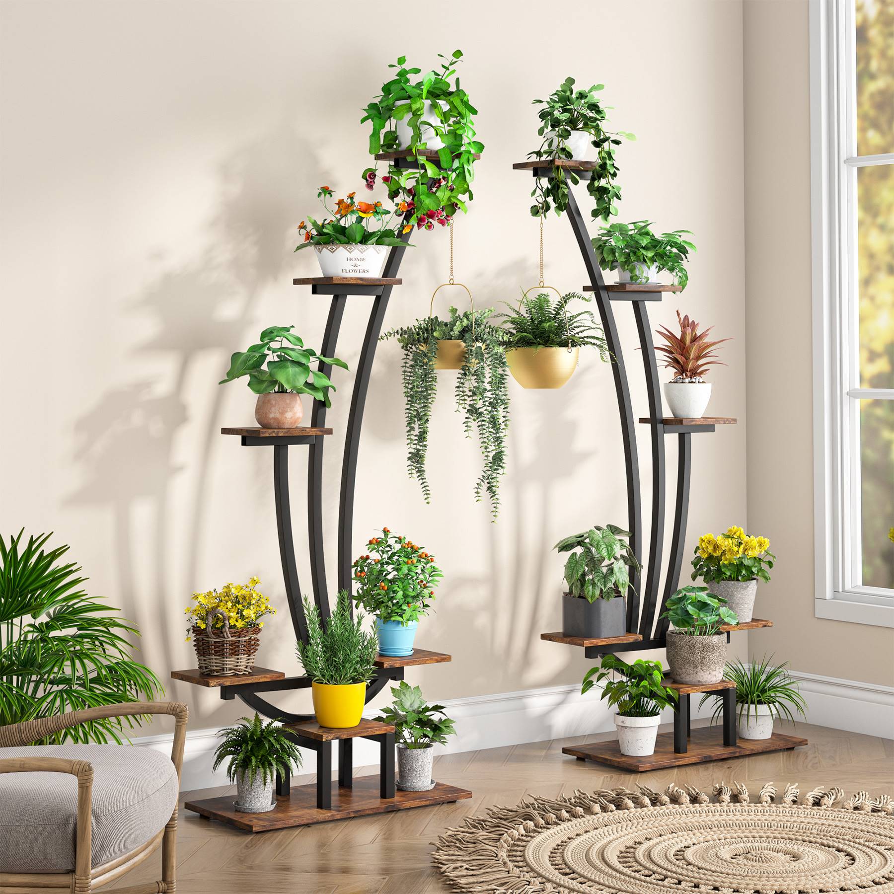 6 Tier Metal Plant Stand - Pack of 2 Curved Display Shelves with Hanging Hooks for Indoor Outdoor Garden, Balcony, Patio Decor