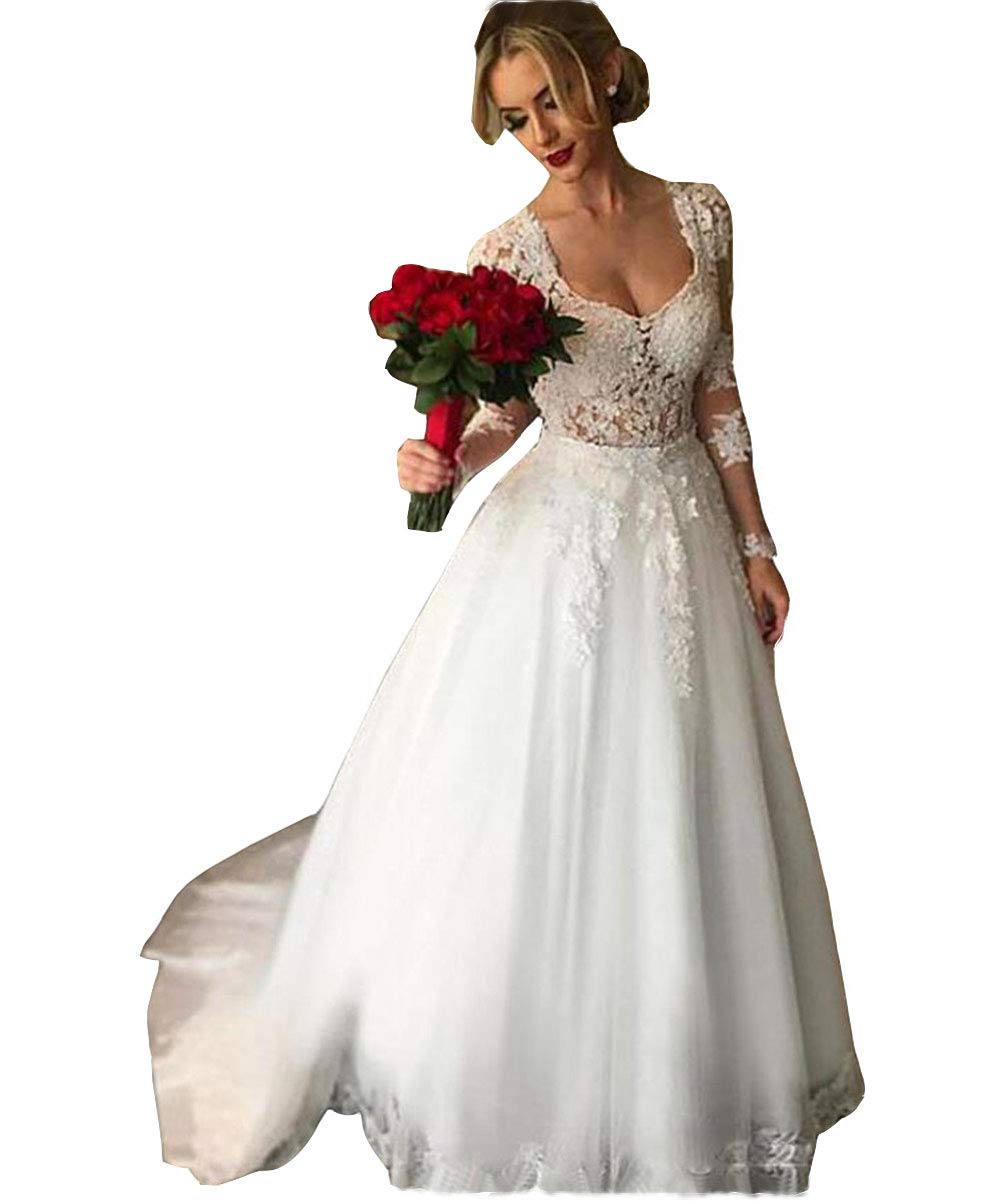 Emmani Women's Detachable Train Wedding Dress 2 in 1 Long Sleeve Lace Bridal Gown – Elegant Church Ceremony & Romantic Outdoor Wedding Dress