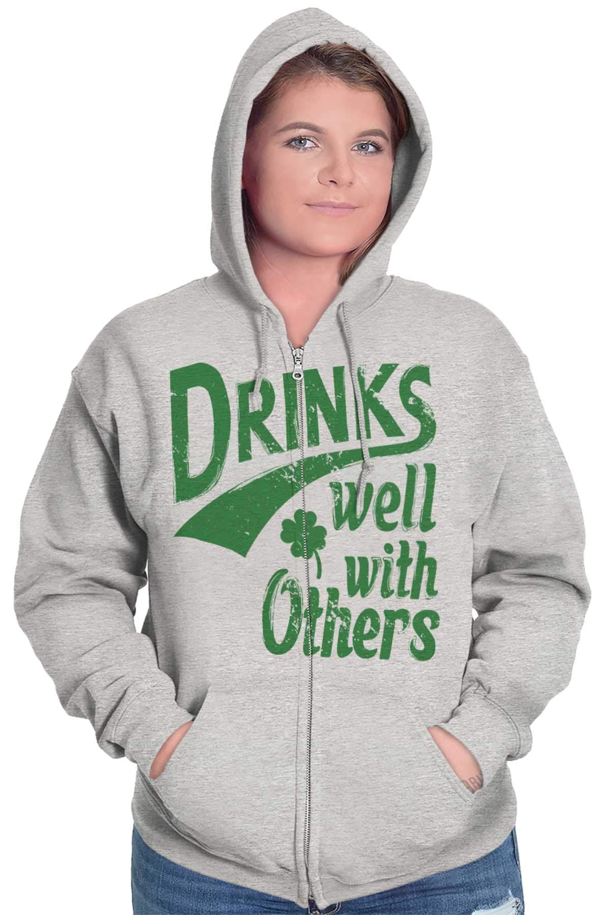 Brisco Brands 'Drinks Well With Others' St. Patrick's Day Zip-Up Hoodie for Men & Women - Perfect for Parties, Pub Crawls & Irish-Themed Events