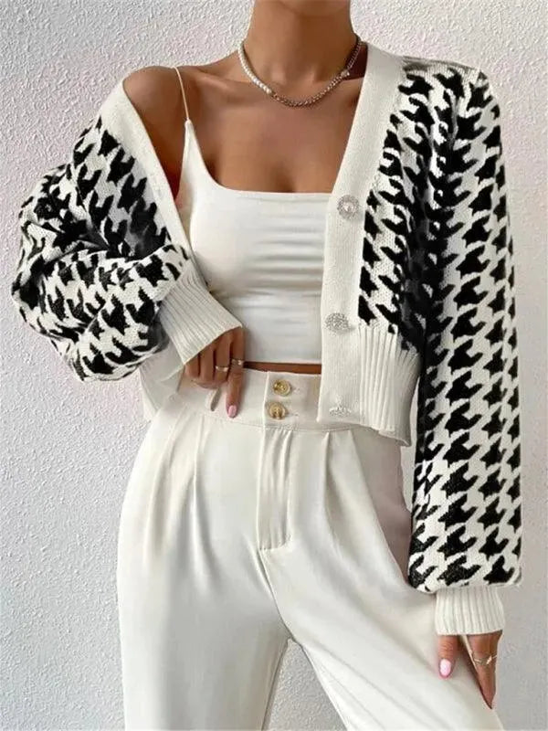 Houndstooth Pattern Lantern Sleeve Cardigan Sweater for Women - Cozy Fall & Winter Knitwear for Office, Date Night and Casual Outfits