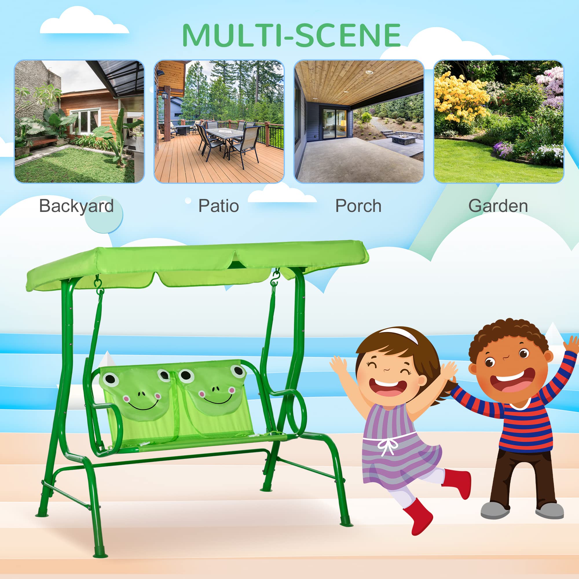 Outsunny Kids Porch Swing with Adjustable Sun Canopy & Safety Seatbelts - Green Frog-Themed Outdoor Swing Chair for Ages 3-6 | Perfect for Backyard, Garden, and Patio Playtime
