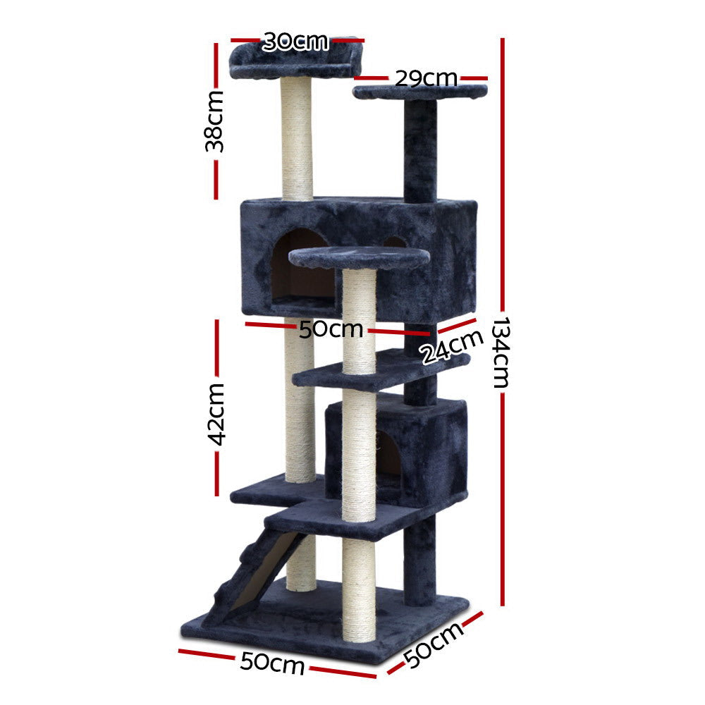 Premium 134cm Cat Tree with Scratching Posts, Condo & Playhouse - Sturdy Wooden Cat Tower in Grey for Indoor Cats - Perfect for Play, Rest & Scratching in Living Rooms & Bedrooms