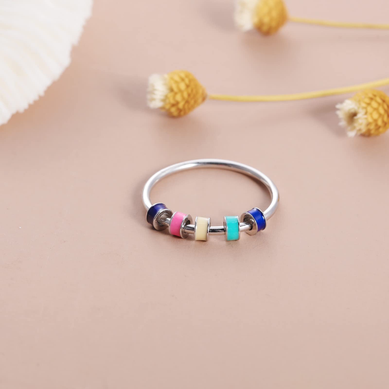 LOVECOM 925 Sterling Silver Fidget Spinner Ring with Colorful Enamel Beads - Anti Anxiety Stress Relief Jewelry for Women & Men - Rotating Stackable Ring for Christmas Gifts - Perfect for Office, Travel & Daily Wear to Reduce Nervousness