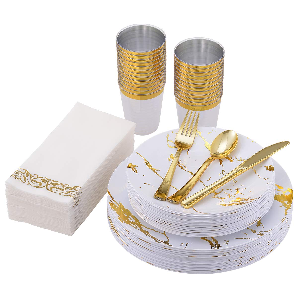 Vplus 175-Piece White and Gold Marble Disposable Plastic Dinnerware Set - 25 Dinner Plates, 25 Dessert Plates, 25 Forks, 25 Knives, 25 Spoons, 25 Cups & 25 Napkins - Elegant Party Tableware for Weddings, Birthdays, and Special Events
