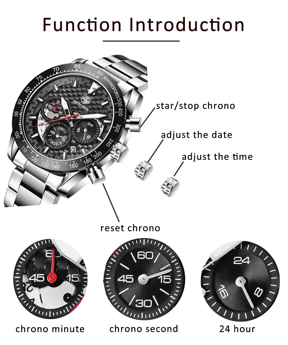 BENYAR Men's Quartz Chronograph Waterproof Silicone Watch - Business Casual & Sport Design Wristwatch for Men - Perfect Gift for Father & Son - Black, Blue, Rose Gold - Ideal for Office, Daily Wear & Outdoor Activities