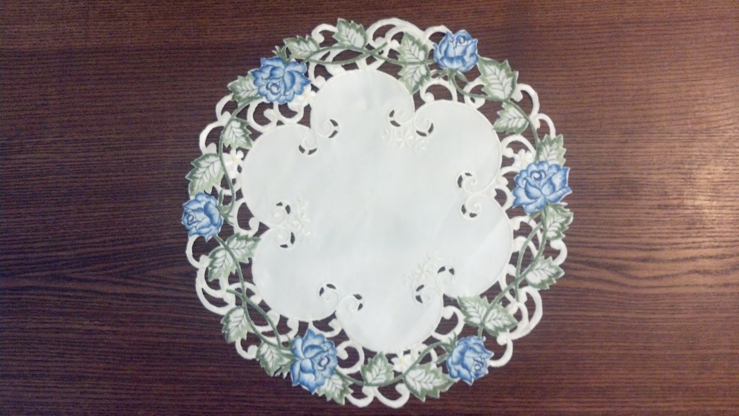 Blue Rose Round Doily on Ivory Fabric - 7 Inch Elegant Table Decor for Weddings, Tea Parties & Home Decor