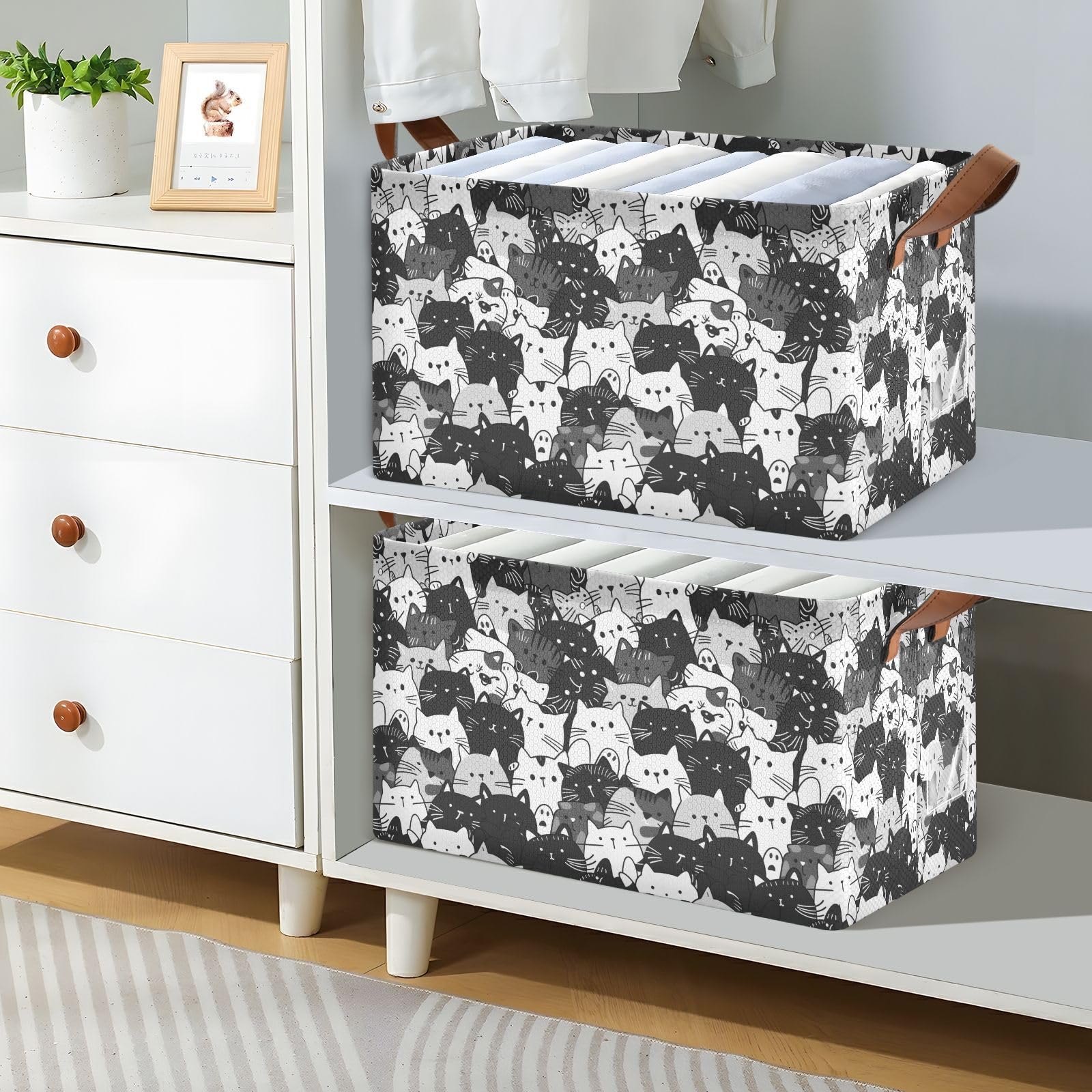 Cute Cartoon Animal Cat Fabric Storage Baskets with Handles - 2 Pack Organizing Bins for Clothes, Toys & Home Decor | Perfect for Closet, Nursery & Bedroom Organization