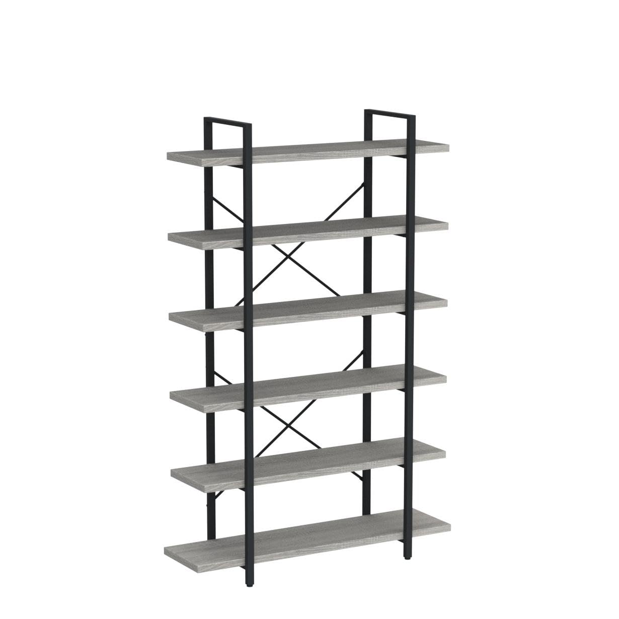 HSH 6-Tier Tall Bookshelf - Industrial Wood & Metal Bookcase with Open Shelves for Storage | Vertical Display Shelf for Bedroom, Living Room & Office | Light Grey Oak Finish | Perfect for Organizing Books, Decor & Essentials
