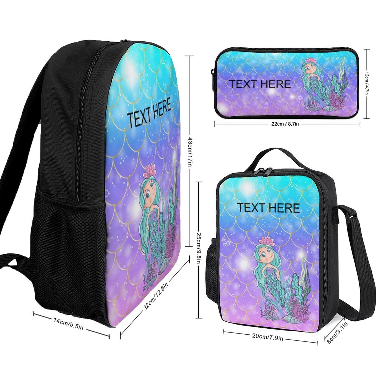 Custom Personalized Mermaid Backpack 3-Piece Set with Name - School Bookbag, Lunch Box & Pencil Case for Boys & Girls | Perfect for School, Travel & Gift Giving