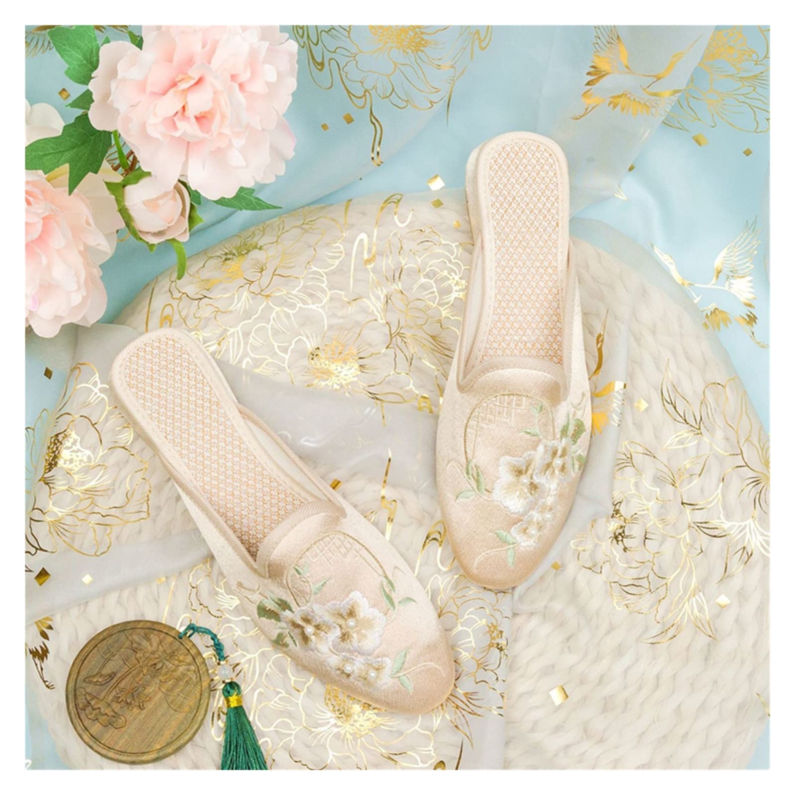 Pearl Embellished Women's Flocked Cotton Embroidered Pointed Toe Flats - Comfortable Casual Slippers for Home, Office & Parties (Color: A, Size 36)