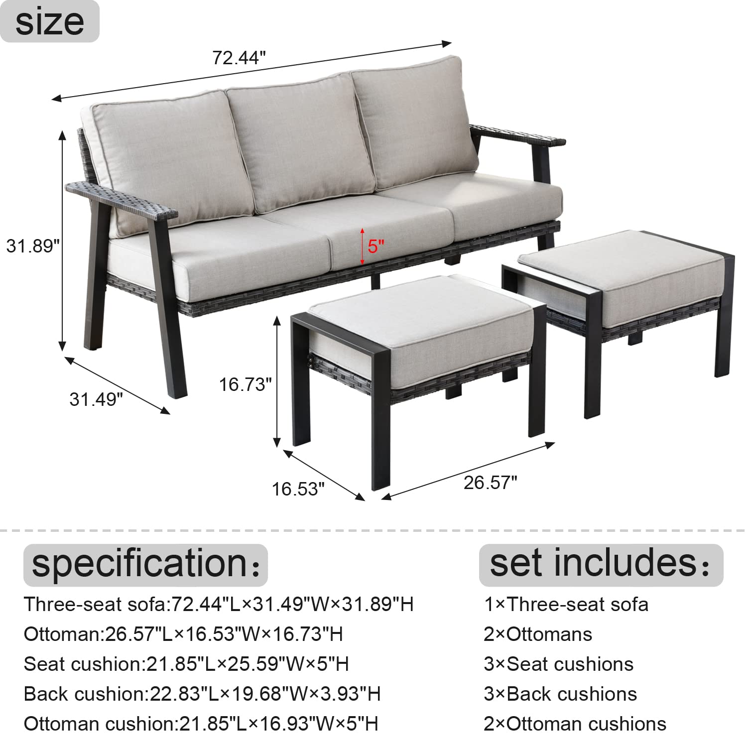 **HOOOWOOO 3-Piece Outdoor Patio Furniture Set - All-Weather Wicker Sofa with Ottoman & Beige Cushions - Perfect for Garden, Balcony, and Poolside Relaxation**